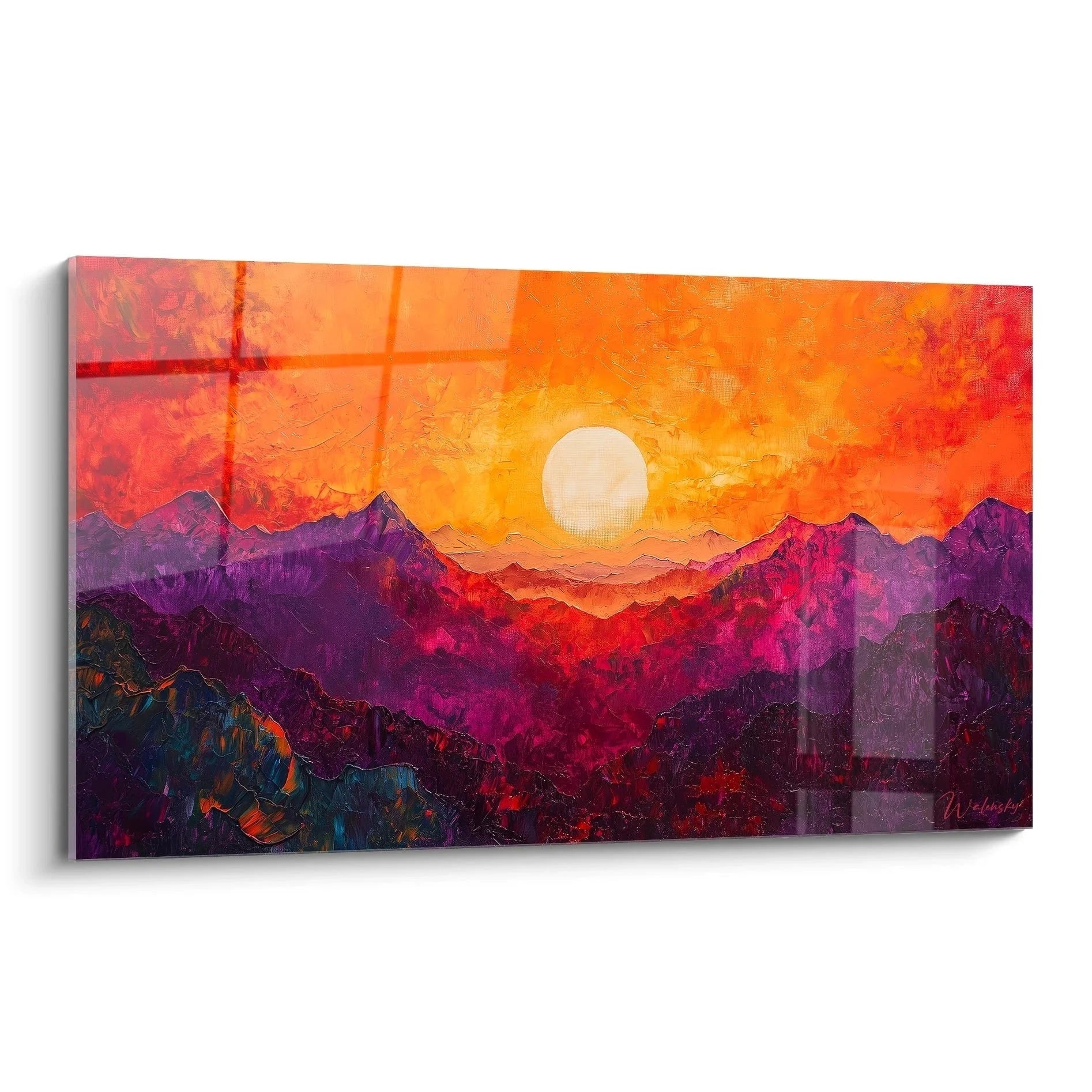 Wandbild Berglandschaft mit dramatischem Sonnenuntergang in Orange und Violett Tönen - Edition Landschaft