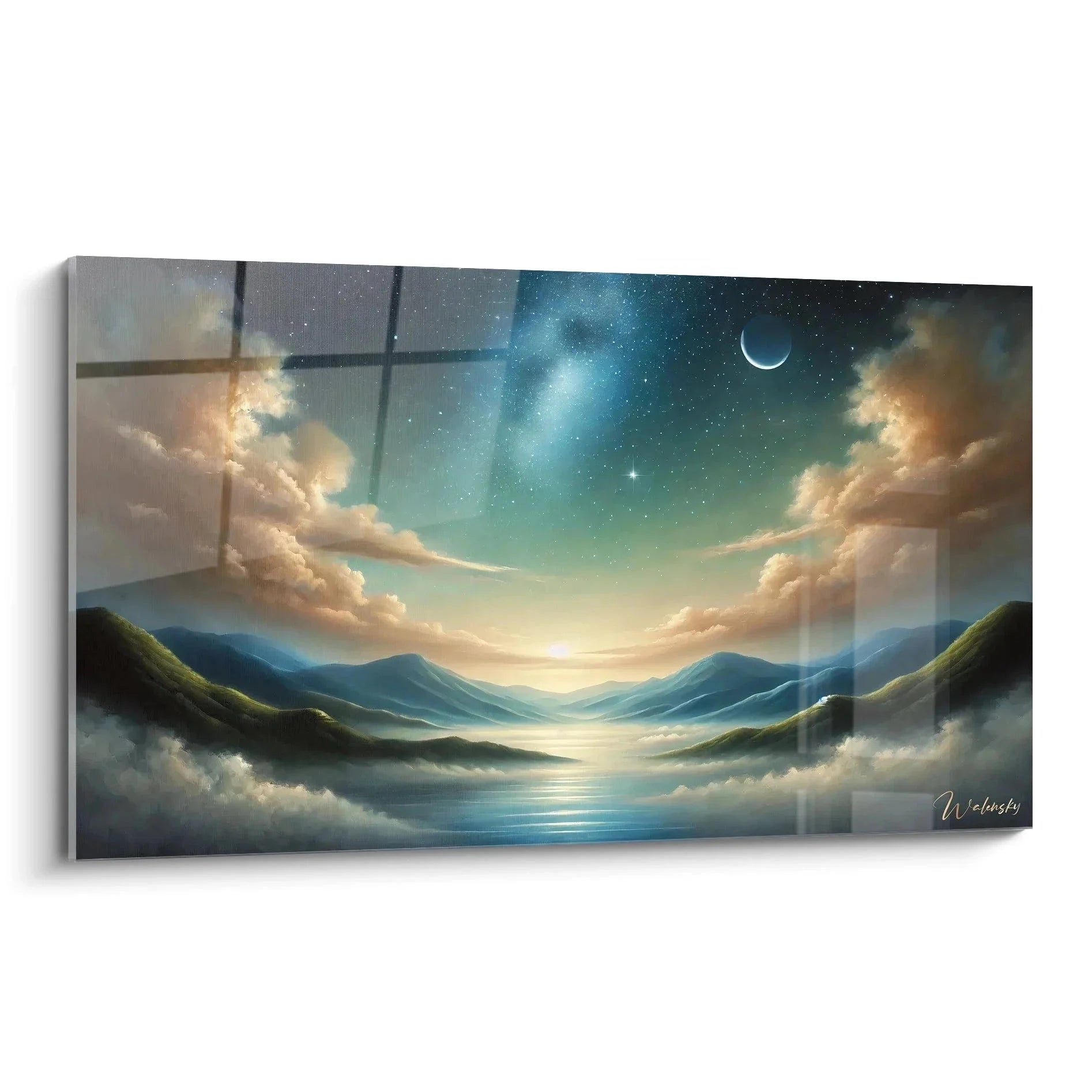 Wandbild Berglandschaft mit Sternenhimmel und Mondschein, mystische Gebirgsszene mit Bergsee - Edition Sternenhimmel