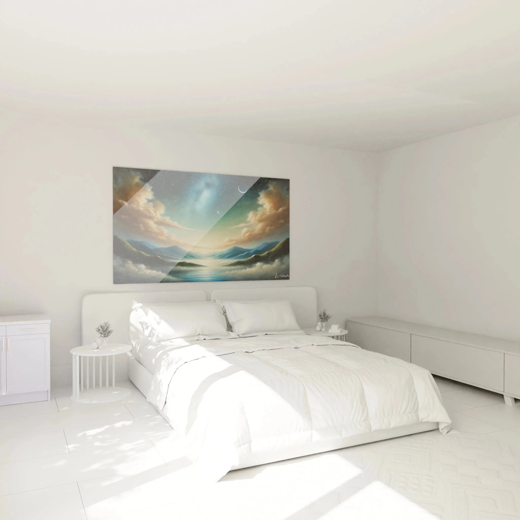 Wandbild Berglandschaft Sternenhimmel in modernem Schlafzimmer, romantische Wanddekoration über dem Bett