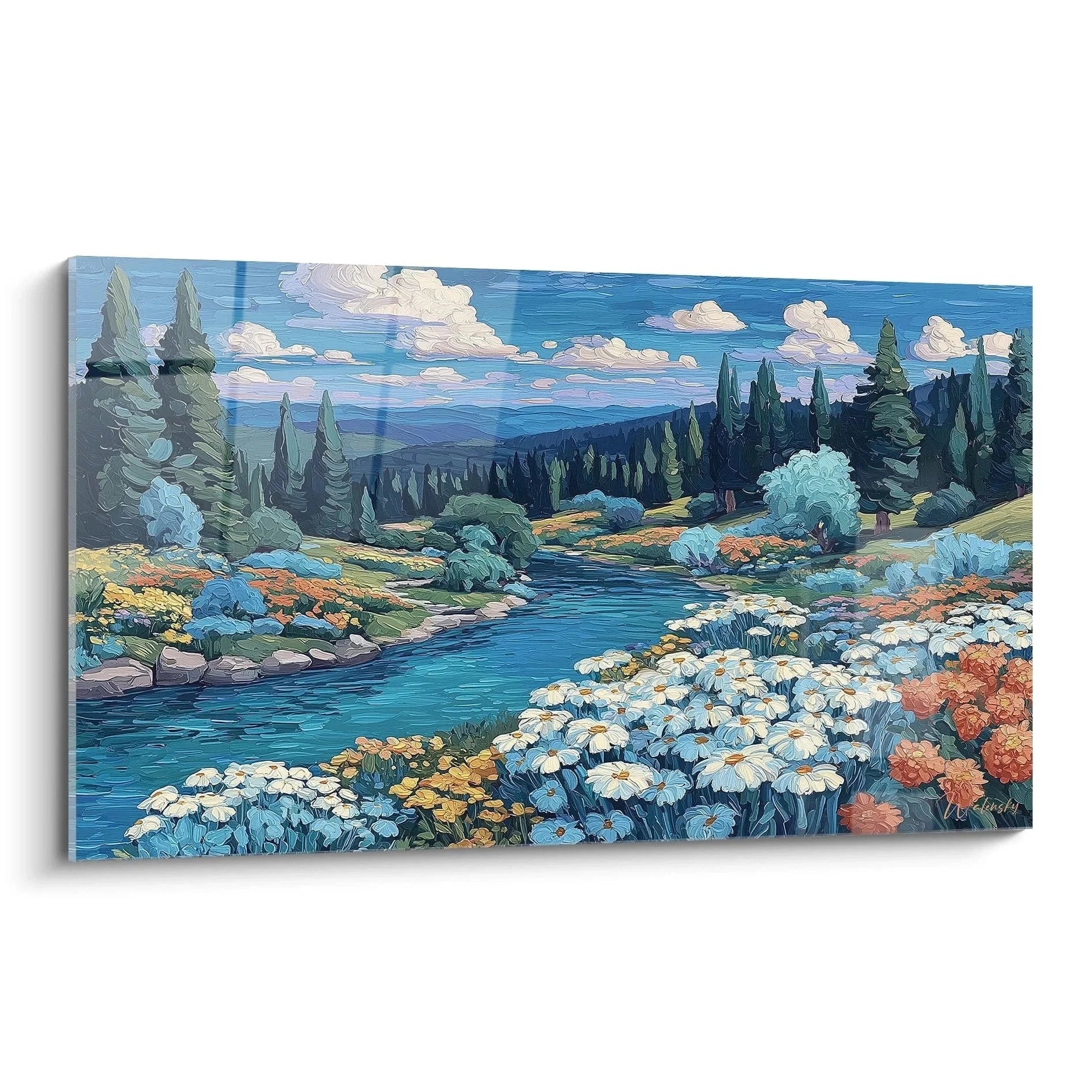 Wandbild Berglandschaft mit bunten Wildblumen am Fluss, sommerliche Naturszene XXL