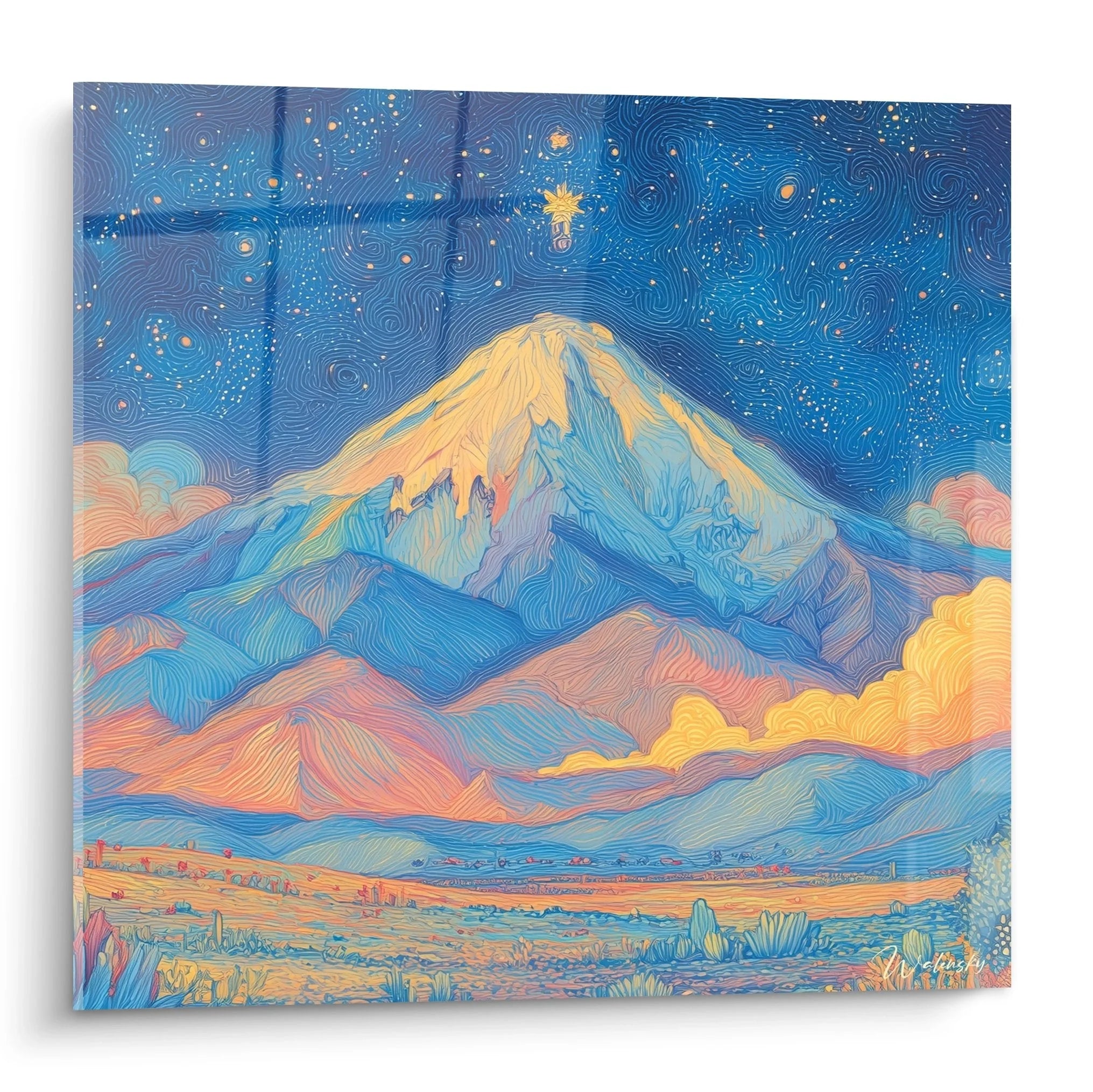 Wandbild Berglandschaft Wüste mit sternenklarem Himmel in Van Gogh Stil - Premium Kunstdruck für Wanddekoration