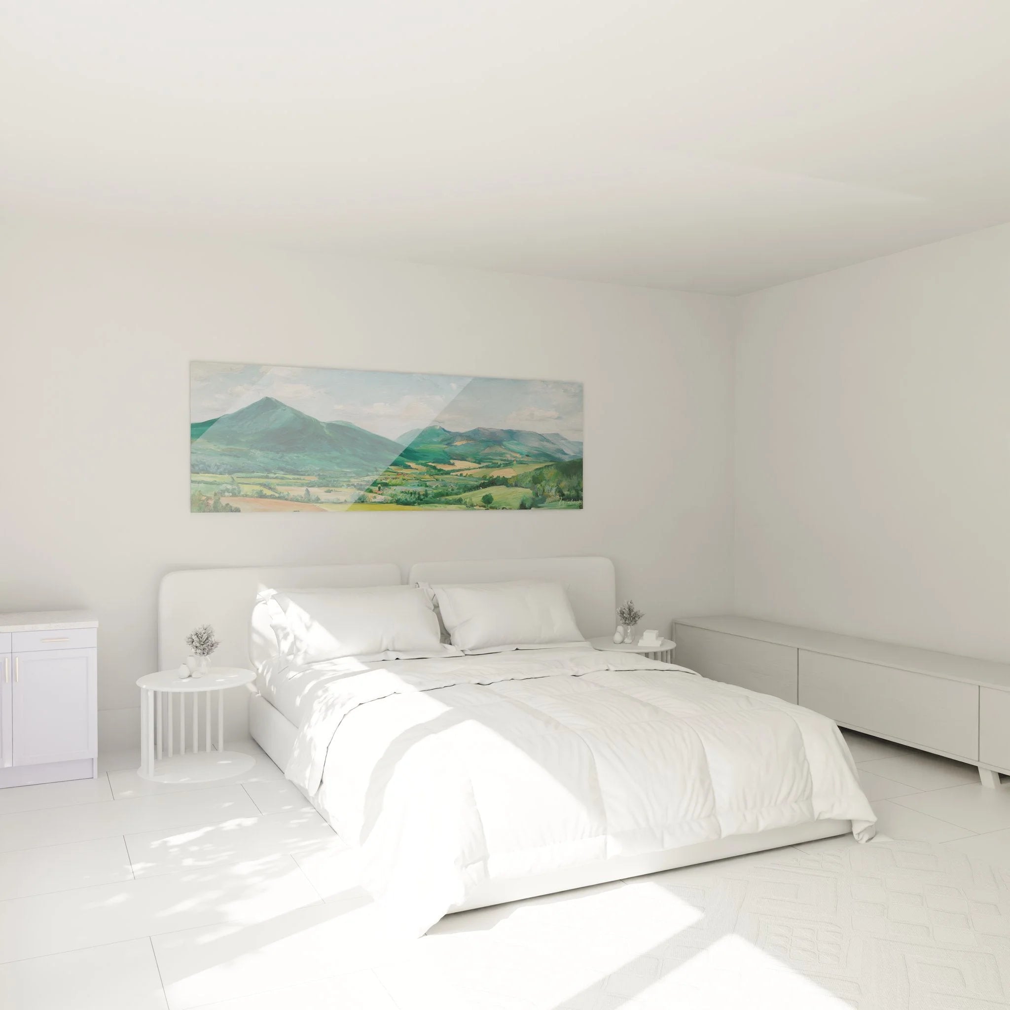 Wandbild Bergpanorama in Schlafzimmer Ambiente - Natürliche Wanddekoration mit Gebirgslandschaft