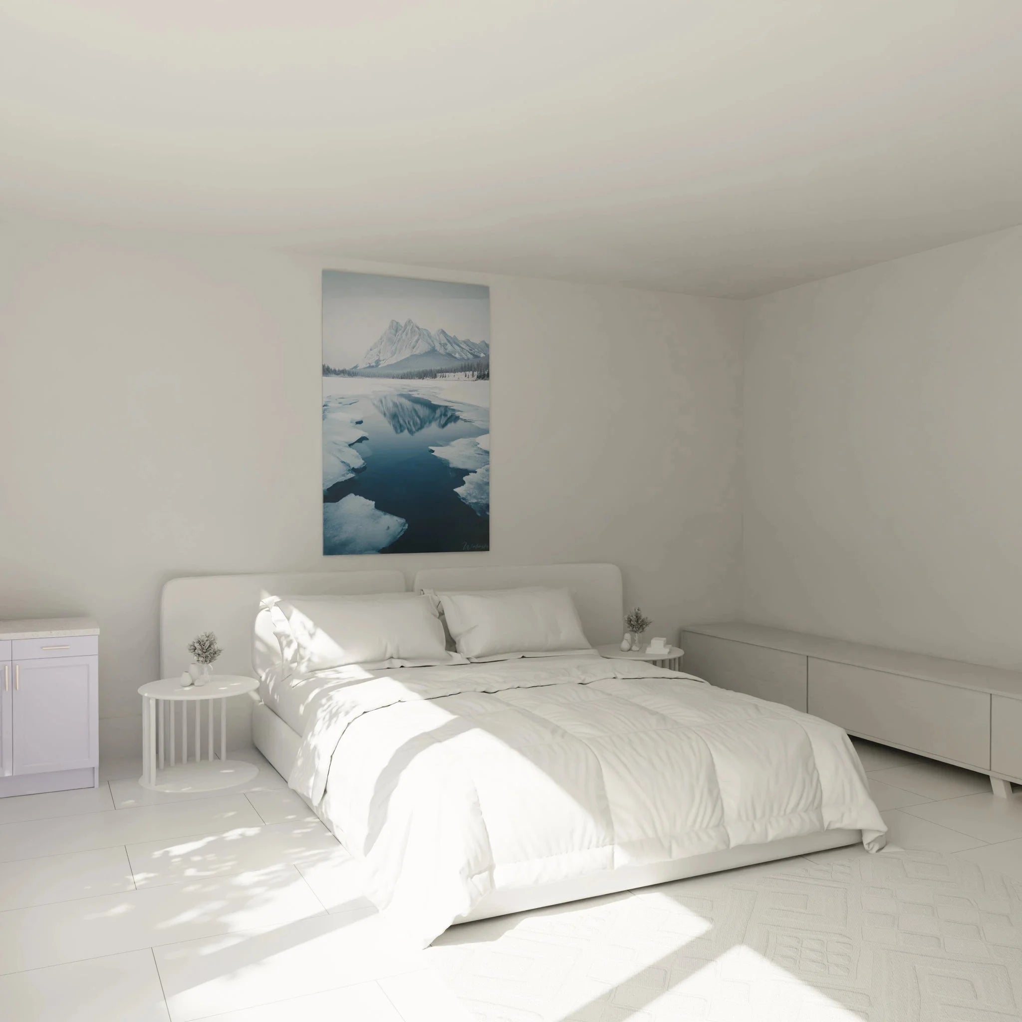 Wandbild XXL Bergpanorama Winter Ambiente im modernen Schlafzimmer