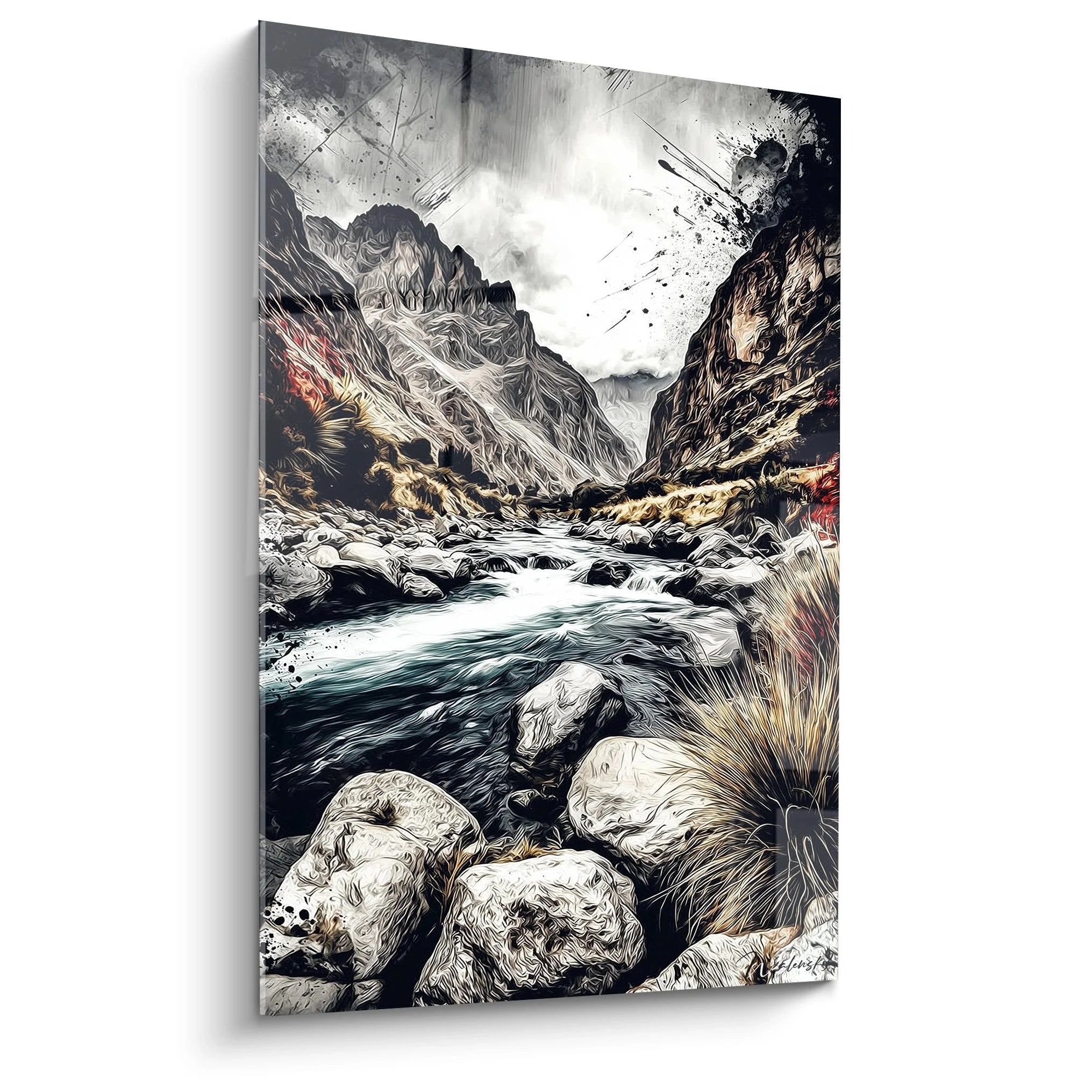 Dramatisches Wandbild einer wilden Bergschlucht mit tosenden Gewässern und steilen Felswänden