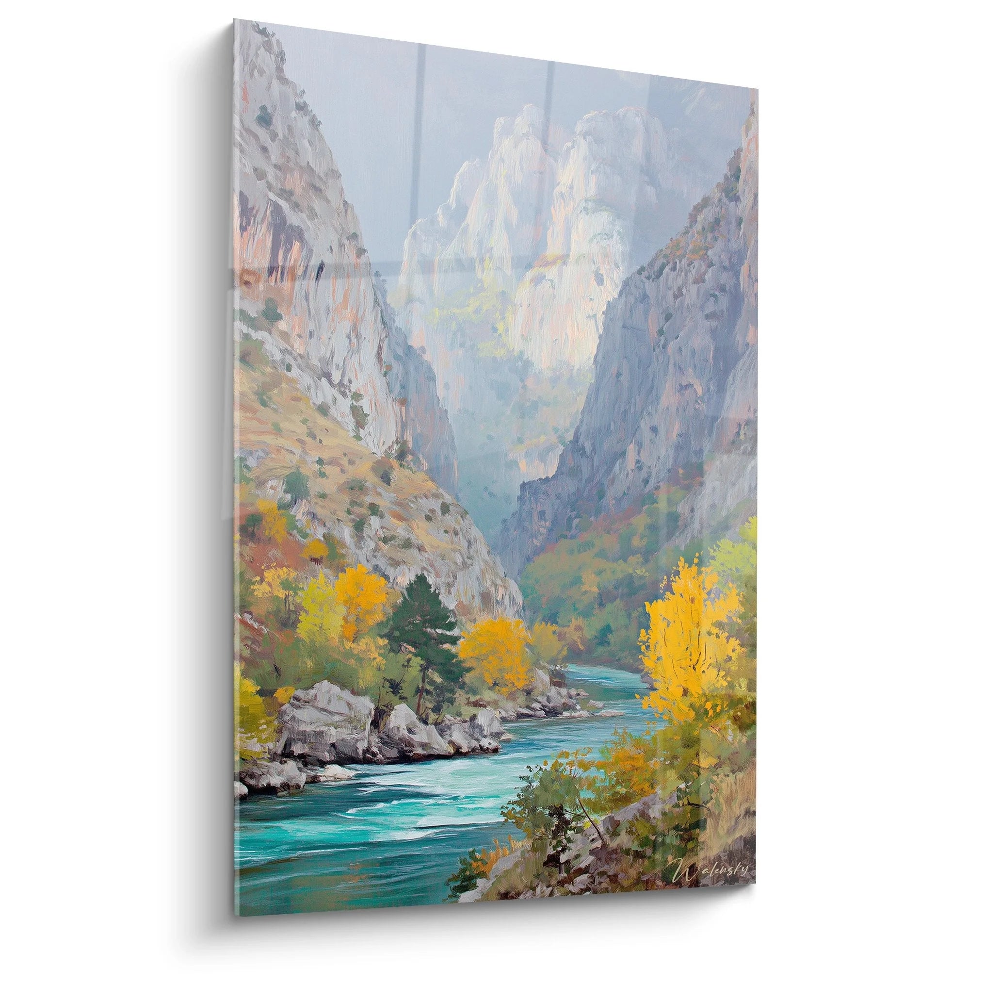 Wandbild herbstliche Bergschlucht mit türkisem Fluss und goldenen Bäumen zwischen grauen Felswänden