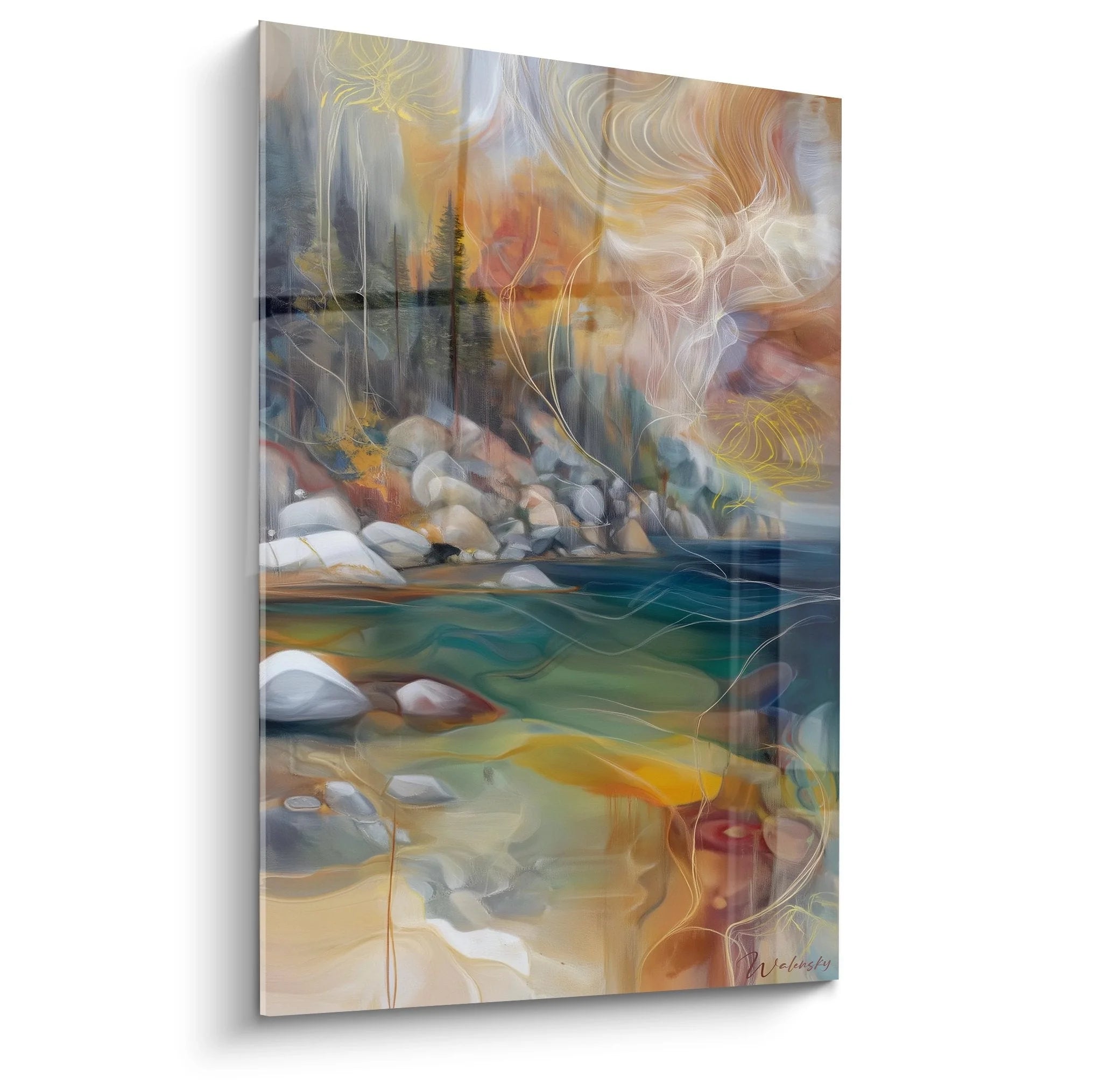 Wandbild Bergsee abstrakt mit Felsen und kristallklarem Wasser in modernem Kunststil