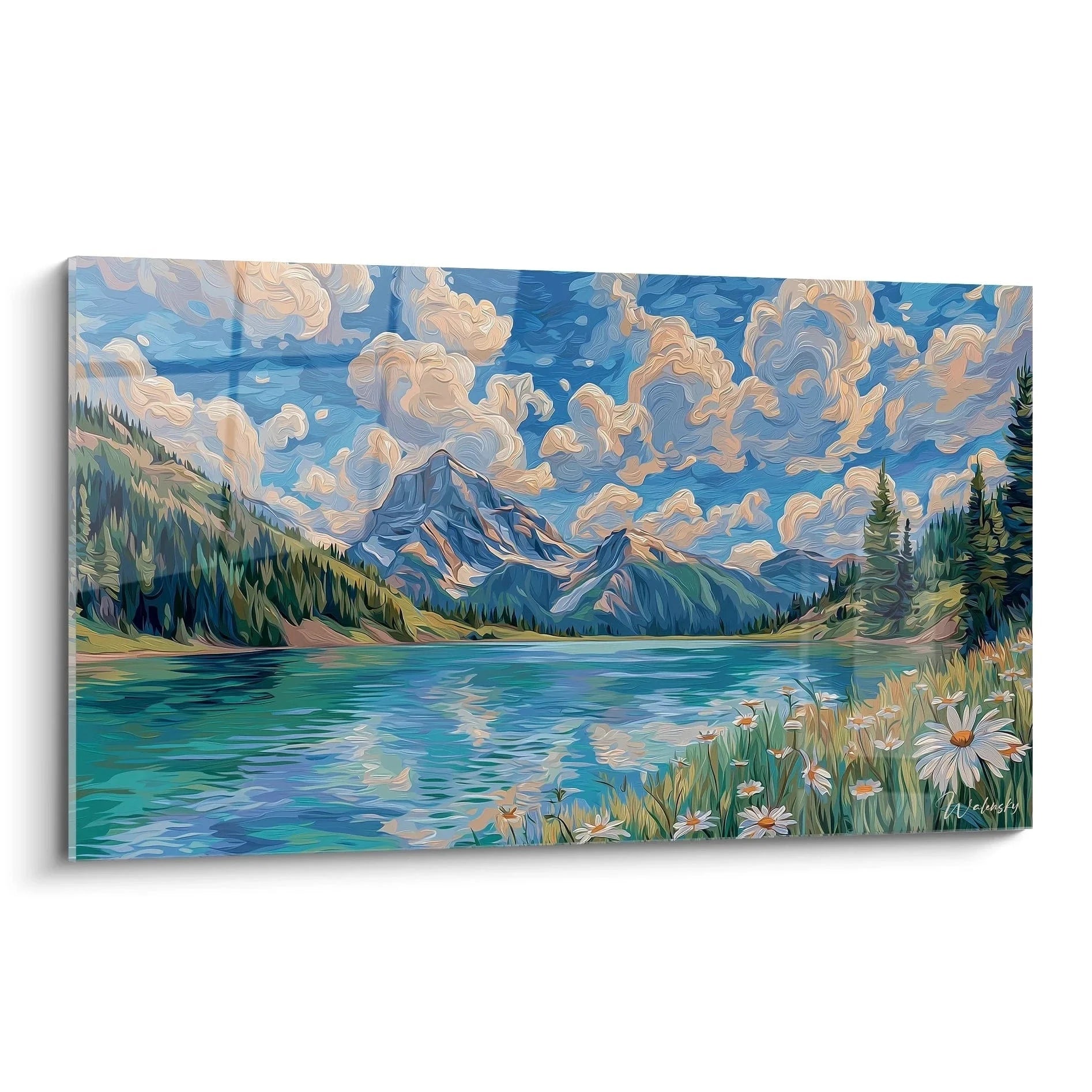 Wandbild Bergsee mit Alpenpanorama und Margeriten - moderne Landschaftsmalerei Edition Sommer