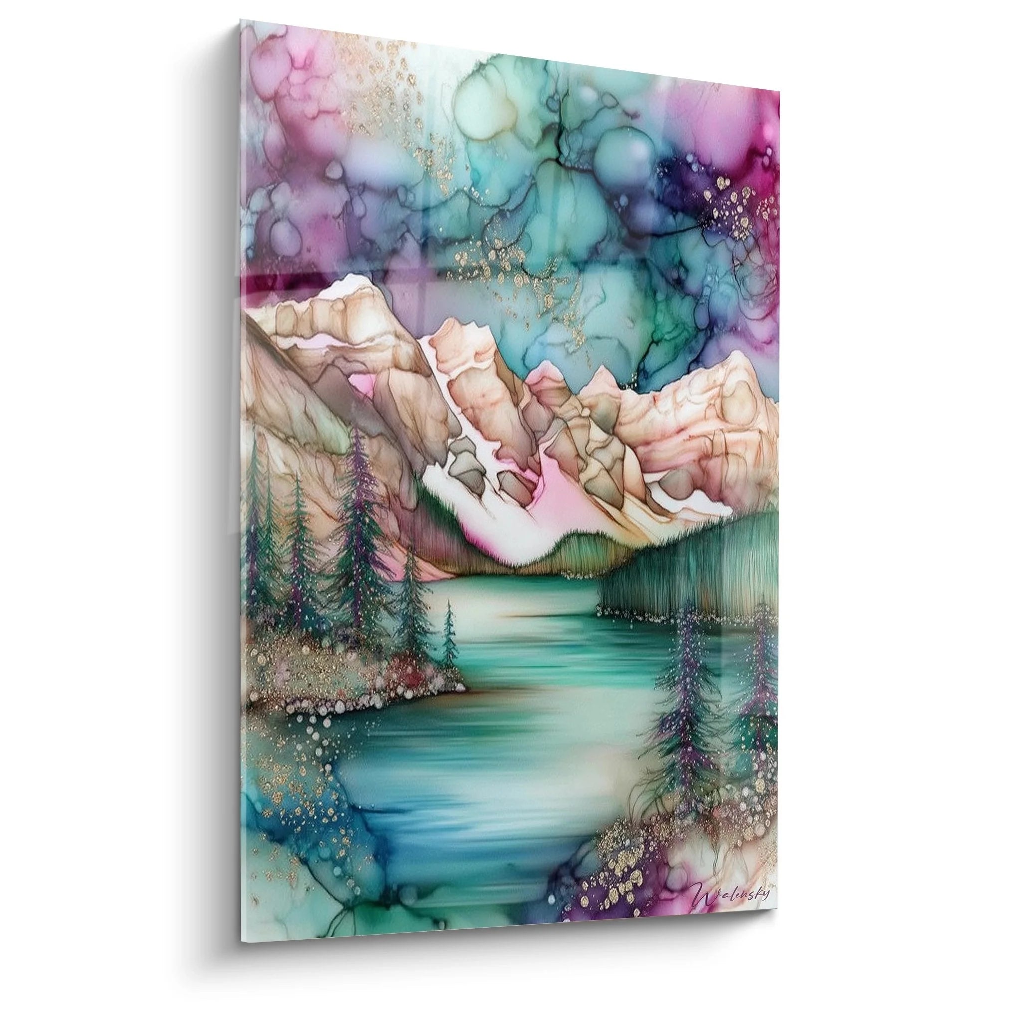 Wandbild Bergsee Aquarell mit majestätischen Bergen, türkisem See und buntem Himmel in Pastellfarben