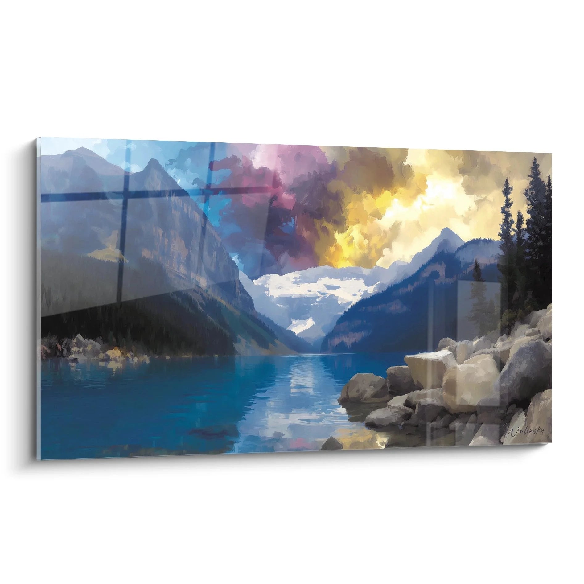 Wandbild Bergsee mit Berglandschaft, Gletscher und dramatischem Himmel, Premium Kunstdruck für Wanddekoration