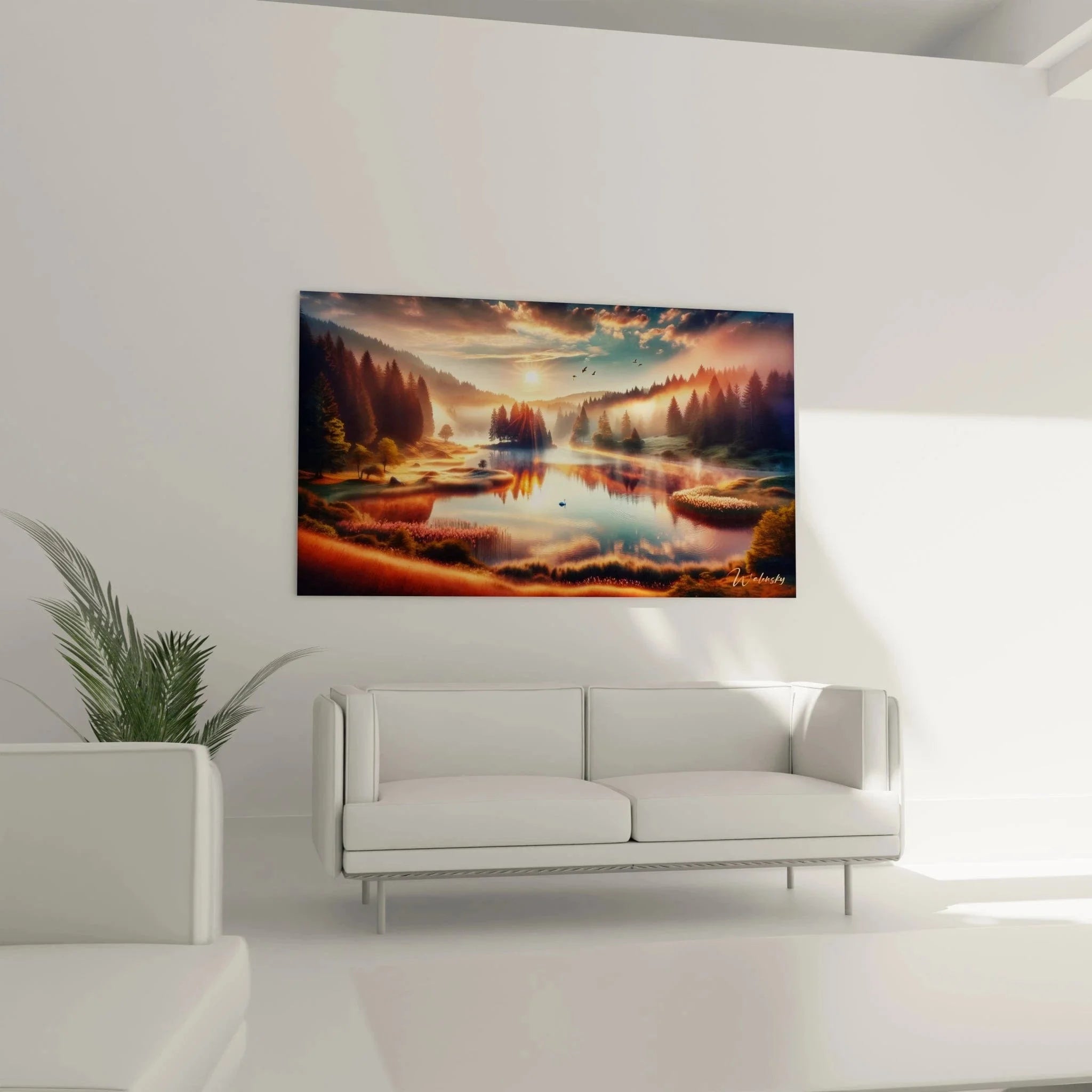 Detailansicht Wandbild Bergsee zeigt Spiegelung der Bäume und Berge im stillen Wasser bei Sonnenuntergang