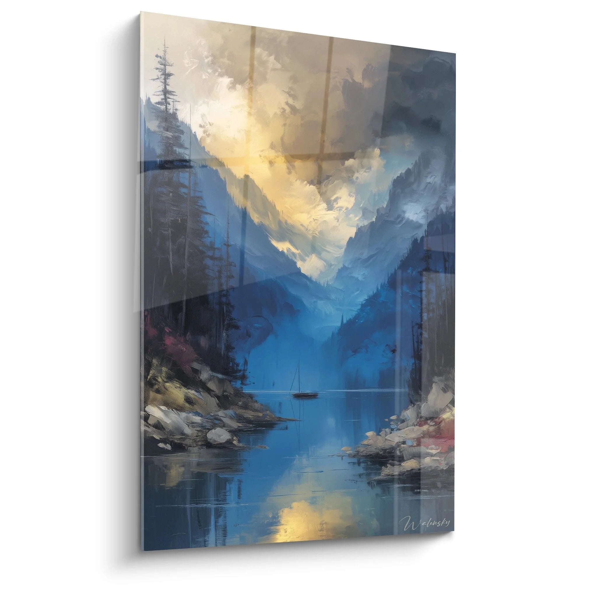 Wandbild Bergsee Fjord mit mystischem Abendlicht und dramatischen Bergen - Premium Leinwandbild