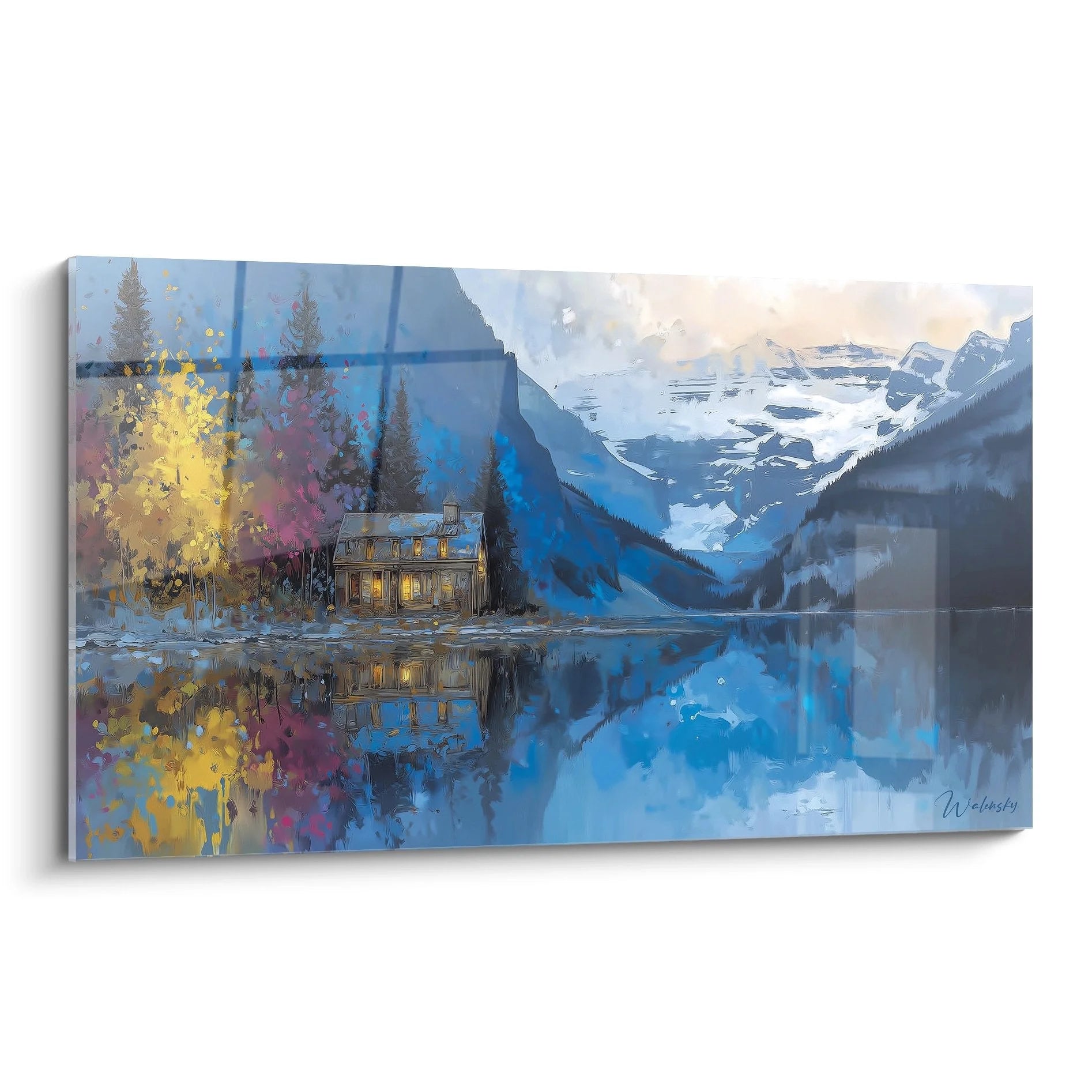 Wandbild Bergsee mit Holzhütte in herbstlicher Alpenlandschaft, Spiegelung im kristallklaren Wasser