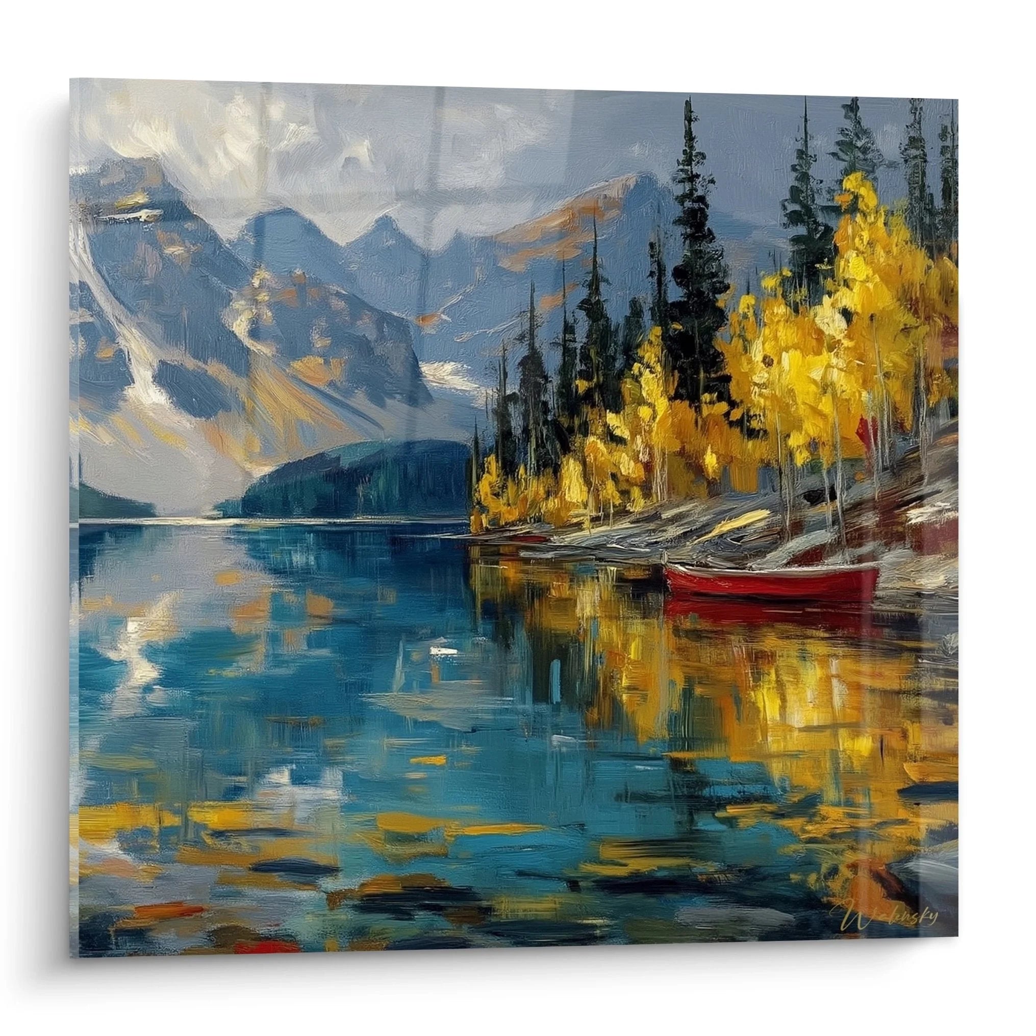 Wandbild Bergsee mit herbstlicher Berglandschaft, rotem Boot und Spiegelung im Wasser