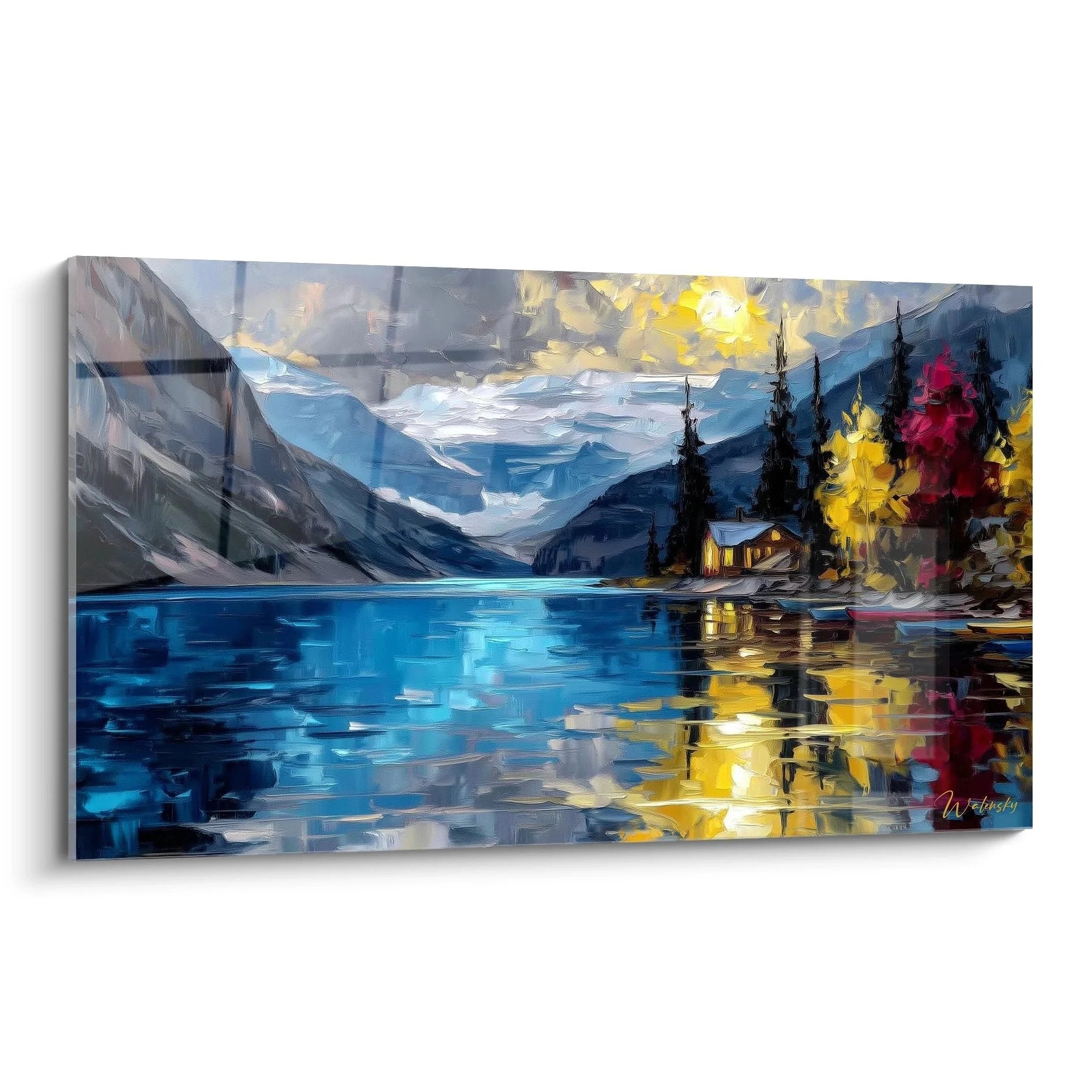 Wandbild Bergsee mit herbstlicher Berglandschaft und Spiegelung im Wasser, Leinwanddruck XXL