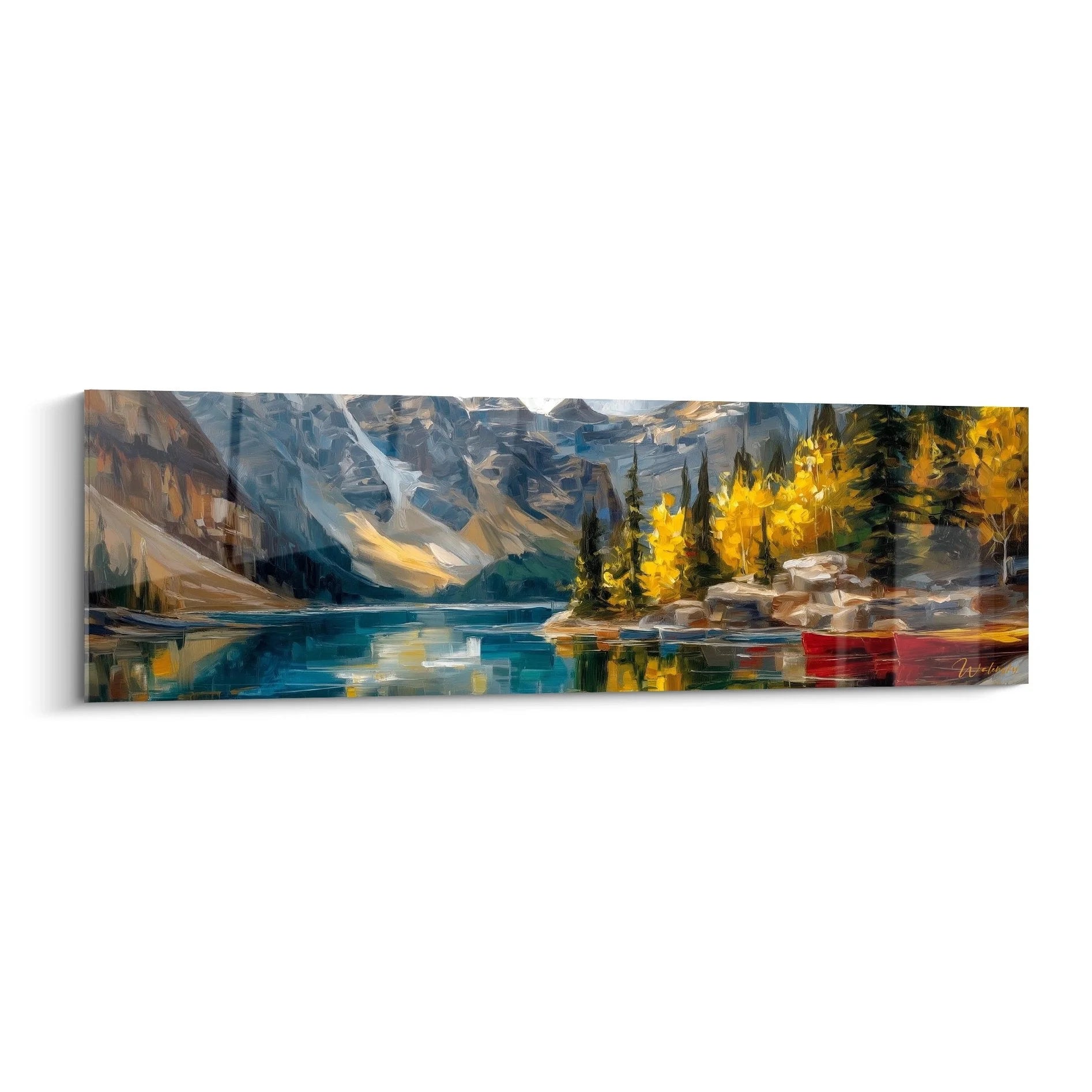 Wandbild Bergsee mit rotem Kanu in herbstlicher Berglandschaft - XXL Leinwandbild Edition See