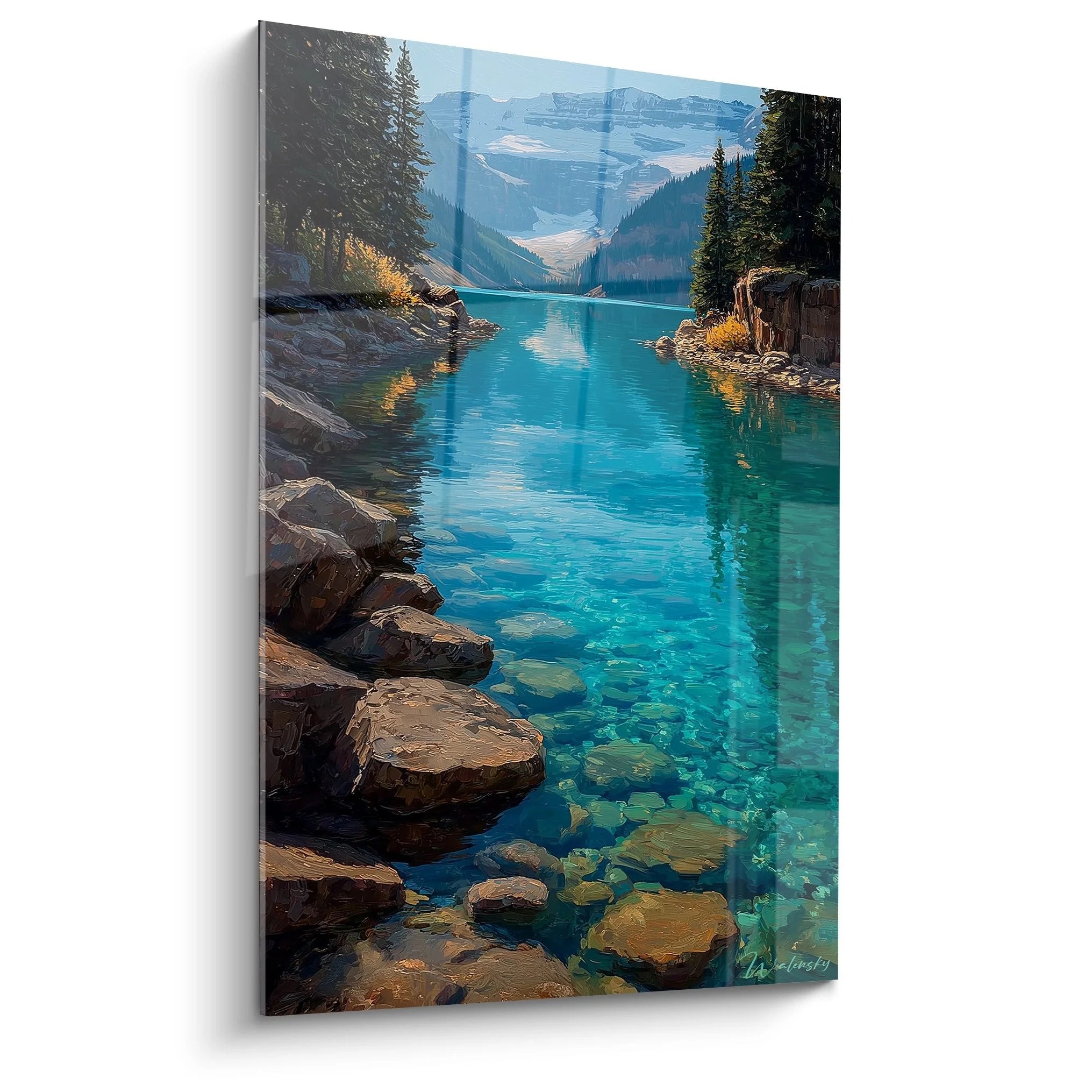 Wandbild Bergsee mit kristallklarem türkisem Wasser und schneebedeckten Bergen im Hintergrund