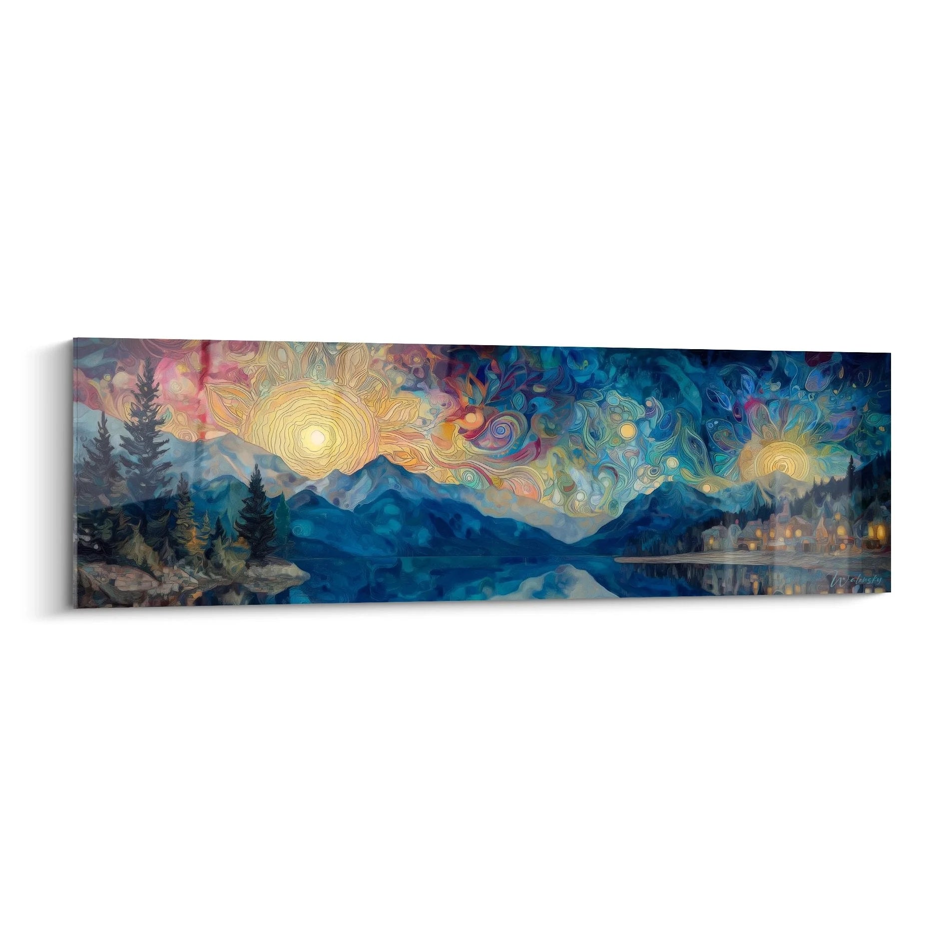 Wandbild Bergsee mit mystischem wirbelndem Himmel und goldenen Spiralen über Berglandschaft