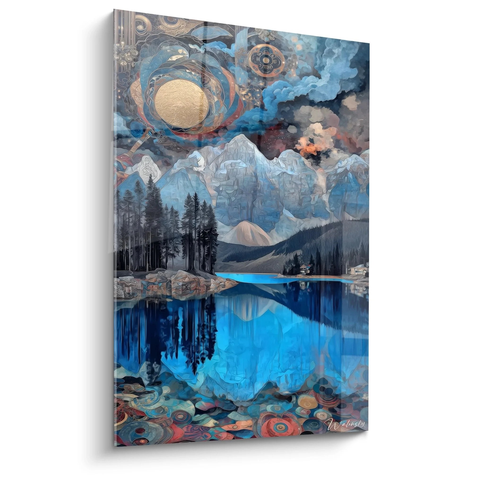 Wandbild Bergsee mit mystischer Spiegelung und goldenen Ornamenten am Himmel - Edition See