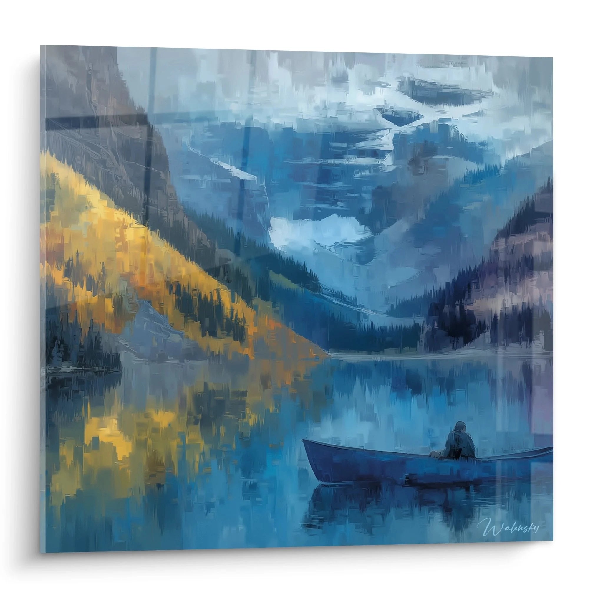 Wandbild Bergsee mit Ruderboot in herbstlicher Berglandschaft, Leinwanddruck XXL für Wohnzimmer