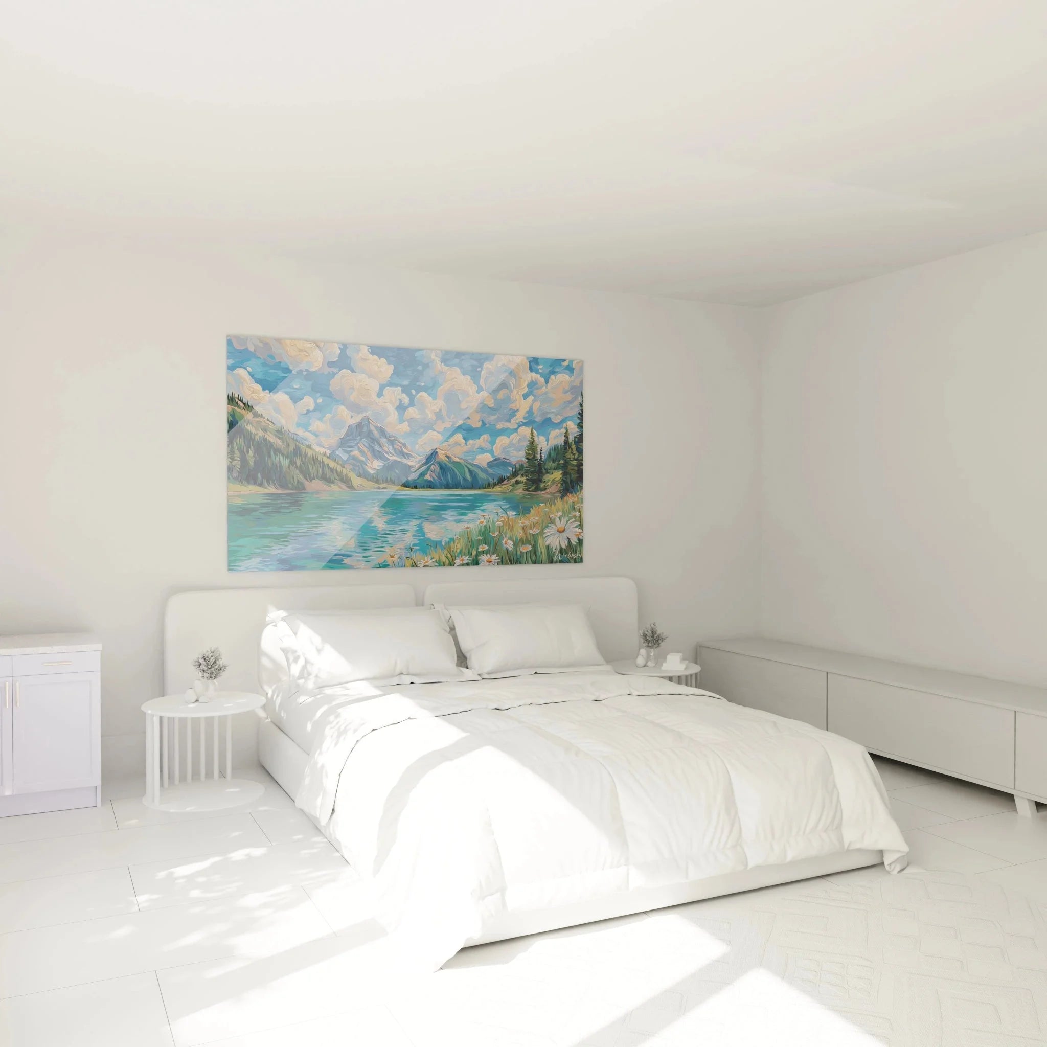 Wandbild Bergsee im Schlafzimmer - alpine Berglandschaft als stilvolle Wanddekoration