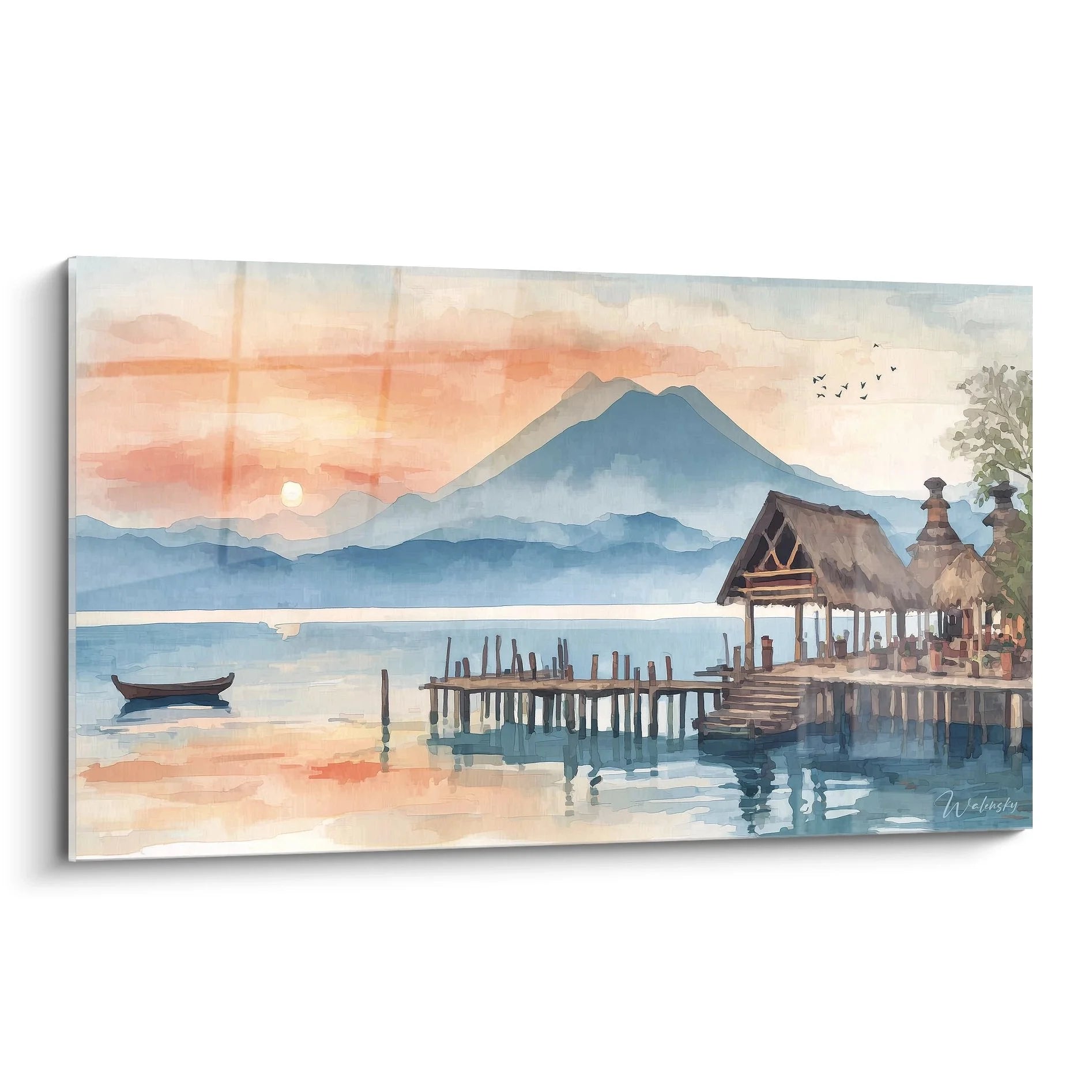 Wandbild Bergsee Sonnenuntergang mit Holzsteg und Hütte in Aquarell-Optik