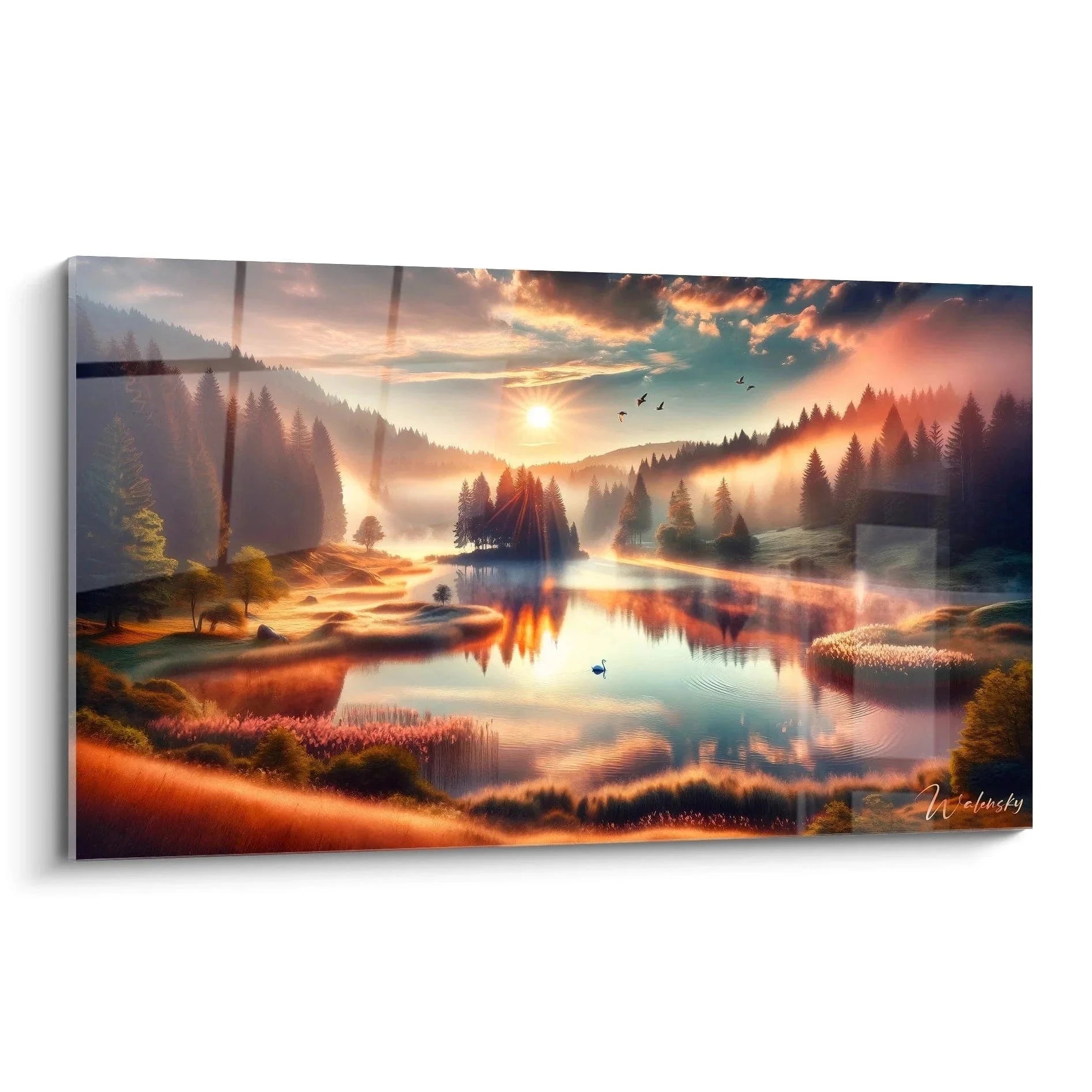 Wandbild Bergsee mit mystischem Sonnenuntergang und Spiegelung der Berglandschaft im Wasser