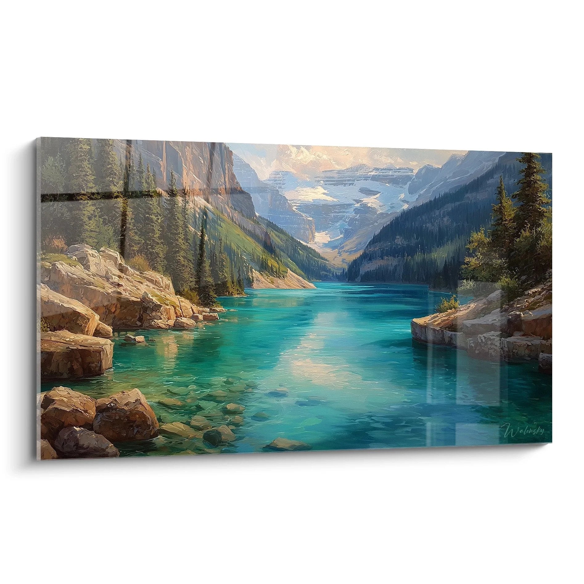 Wandbild Bergsee mit türkisblauem Wasser zwischen majestätischen Bergen und Nadelbäumen