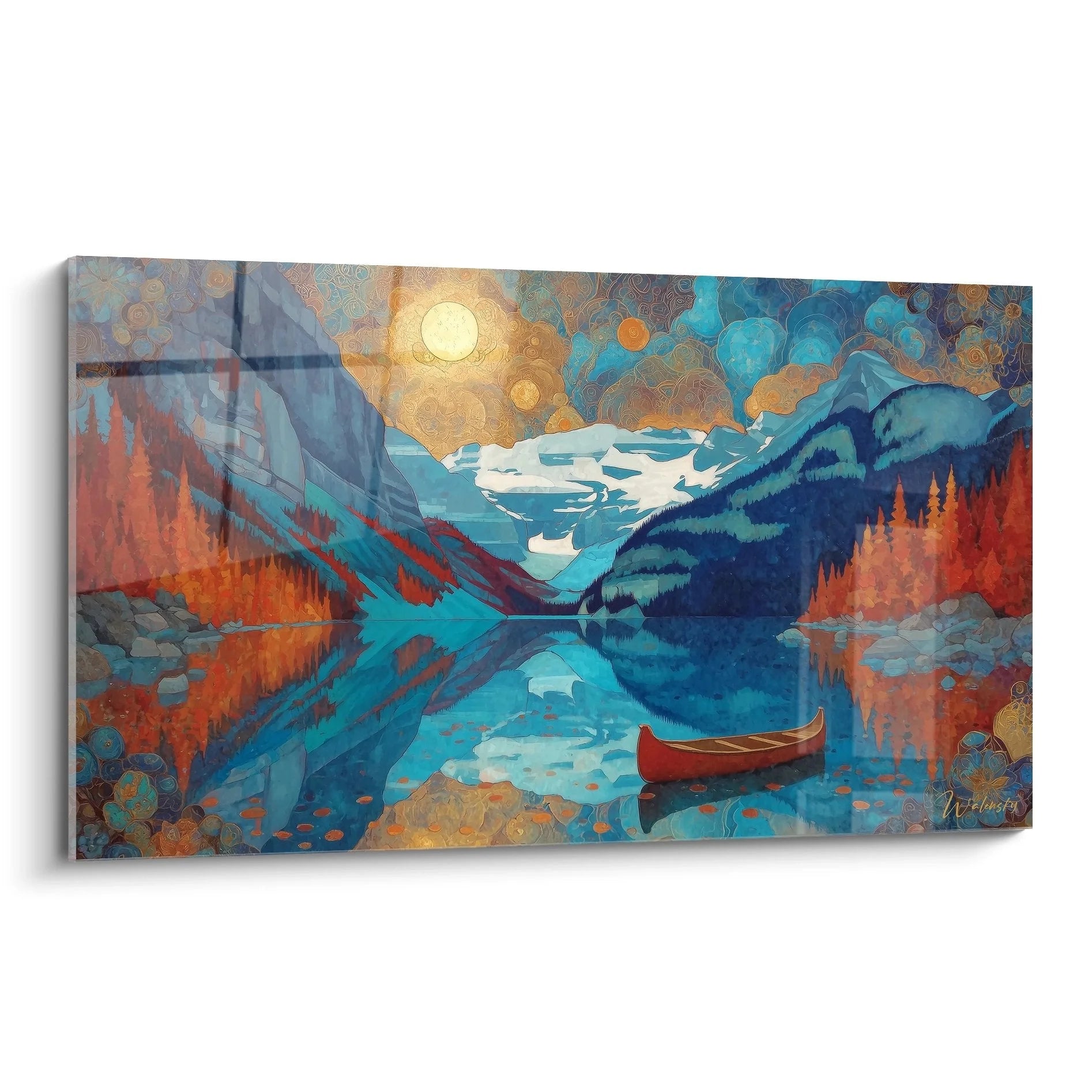 Wandbild Bergsee XXL mit rotem Kanu und mystischer Berglandschaft in herbstlichen Farben