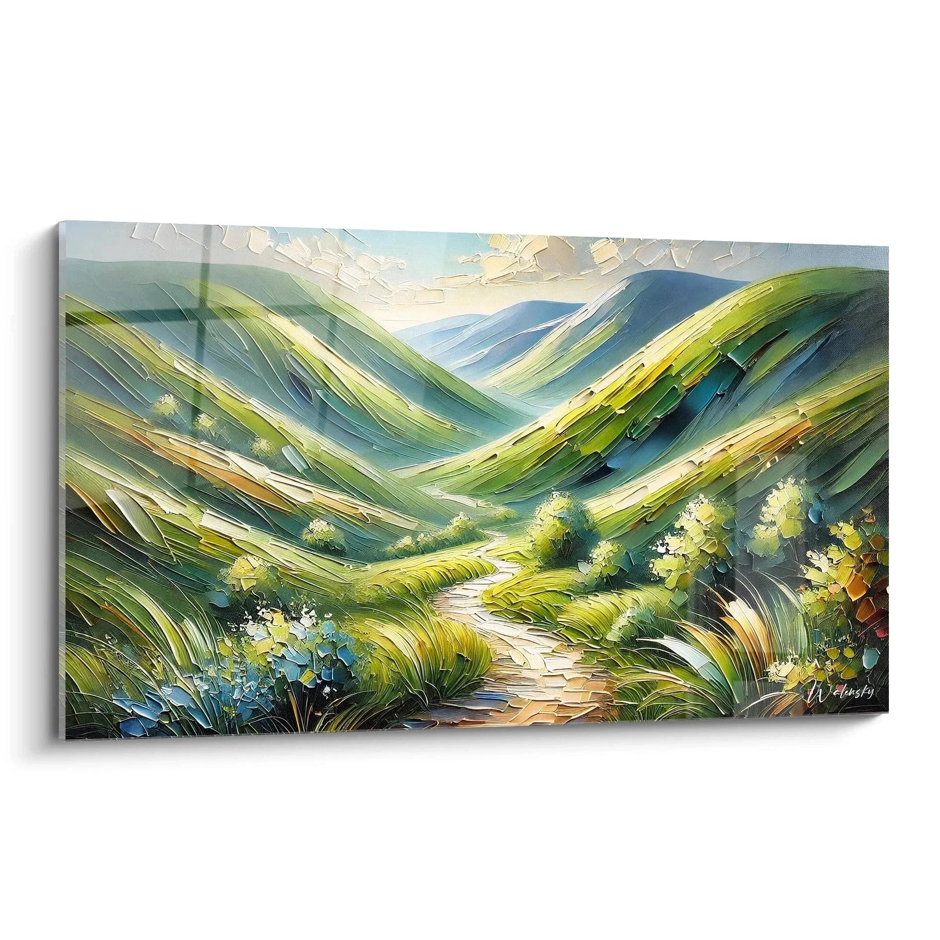 Wandbild grünes Bergtal mit Pfad durch Alpen Landschaft in leuchtenden Grüntönen Edition Berg