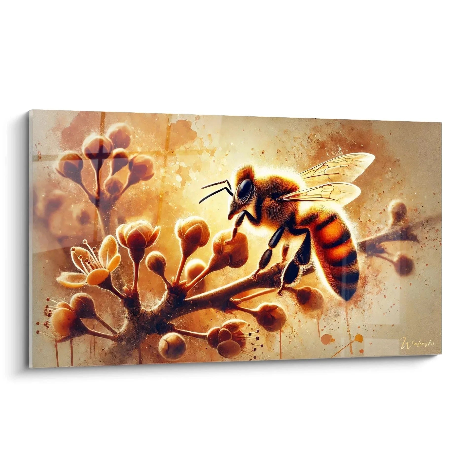Wandbild Biene auf goldenen Blüten in Aquarell-Stil, Premium Kunstdruck XXL für Wanddekoration