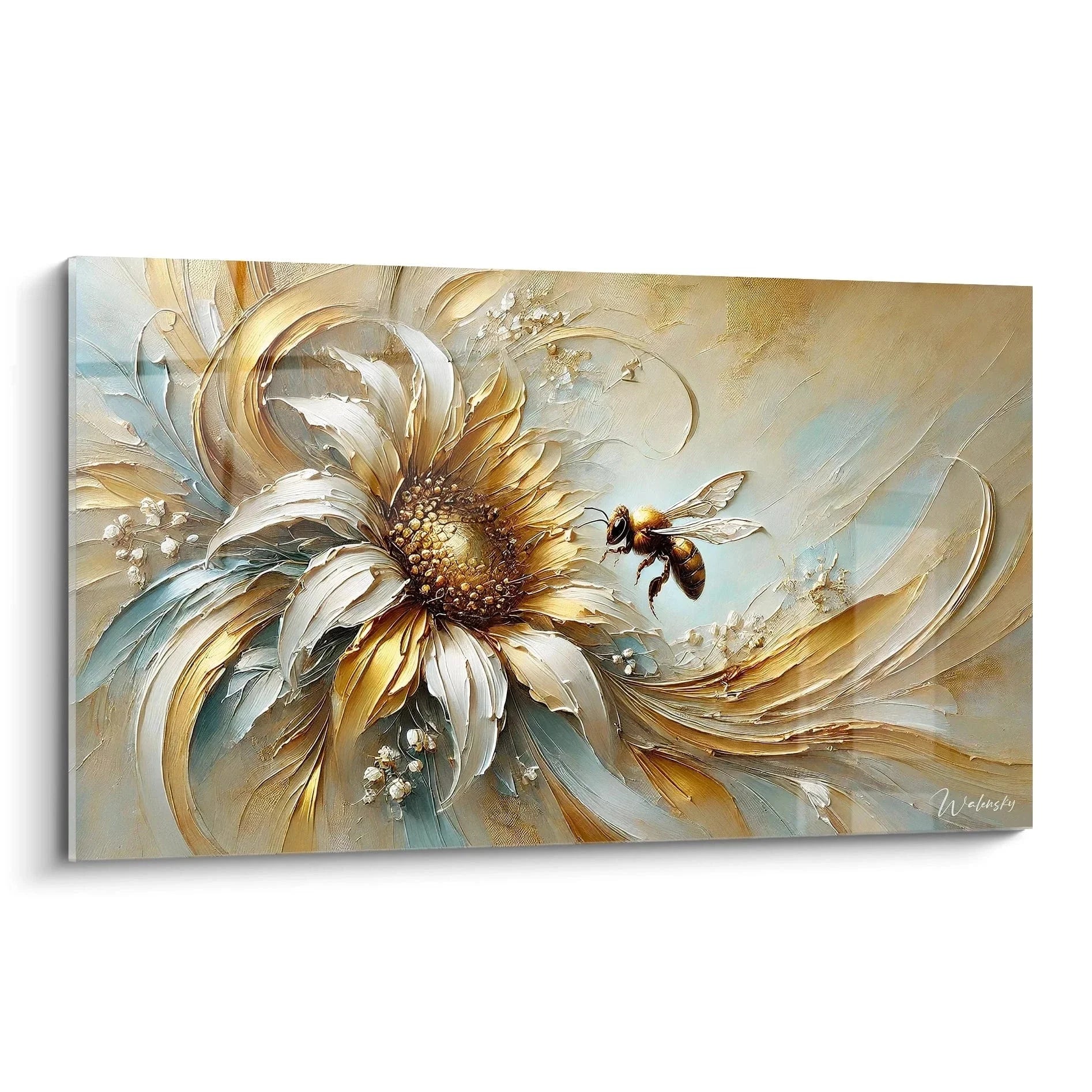 Wandbild Biene auf goldener Blüte mit abstrakten Farbverläufen in Gold und Türkis - Edition Biene Kunstdruck