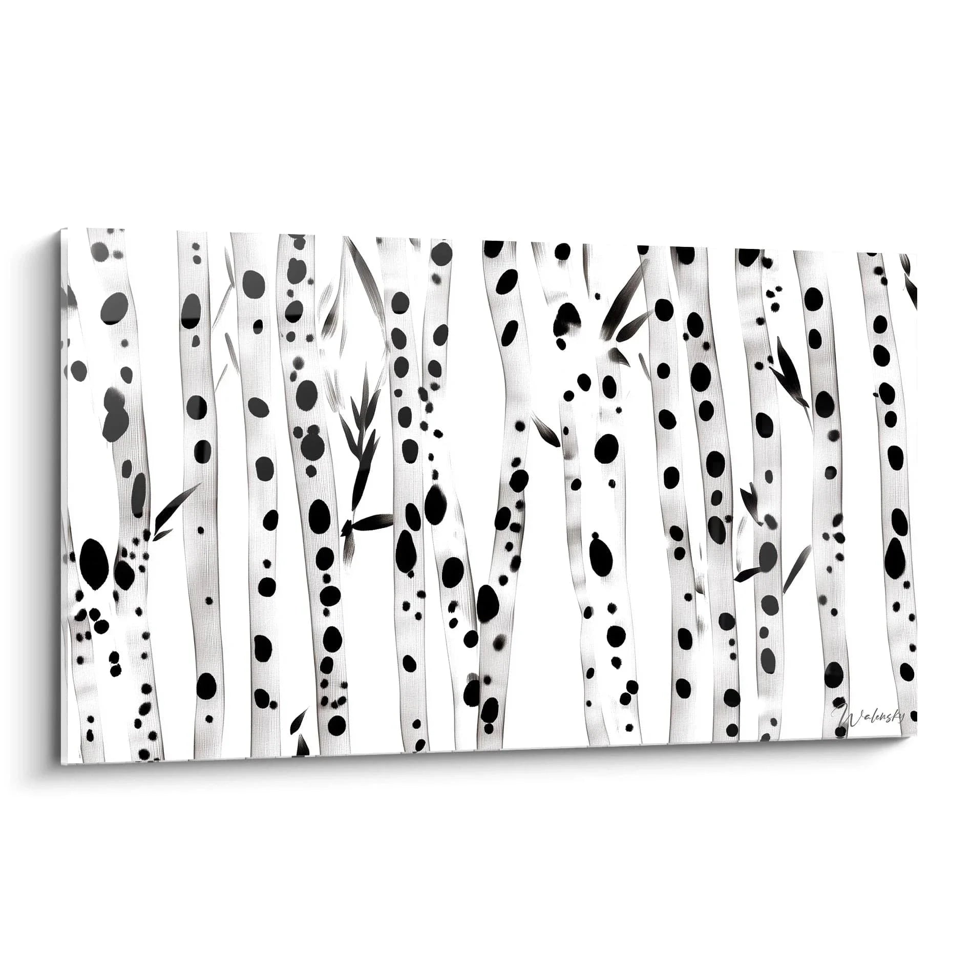 Wandbild Birkenwald abstrakt schwarz-weiß mit gepunkteten Baumstämmen im Dalmatiner-Stil