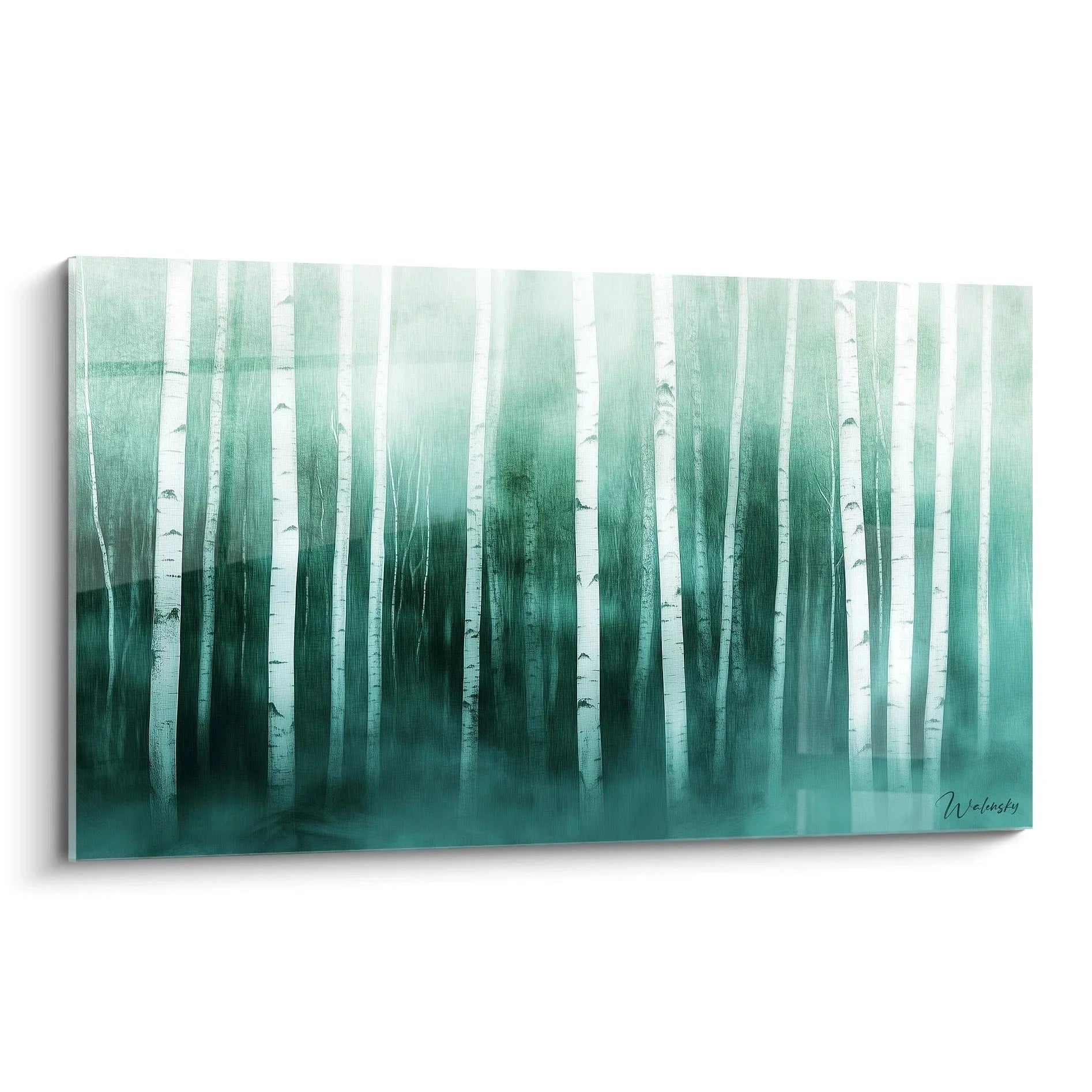 Wandbild Birkenwald mit Nebel in türkis-grünen Tönen, mystische Waldatmosphäre für Wanddekoration