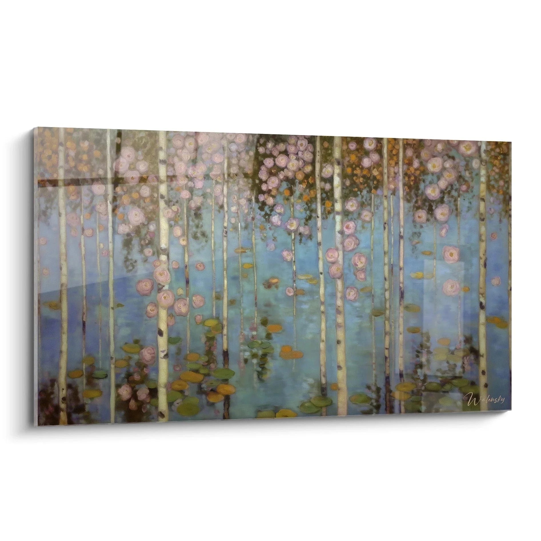 Wandbild Birkenwald mit rosa Blüten über Wasserspiegel - Edition Symbolismus Kunstdruck