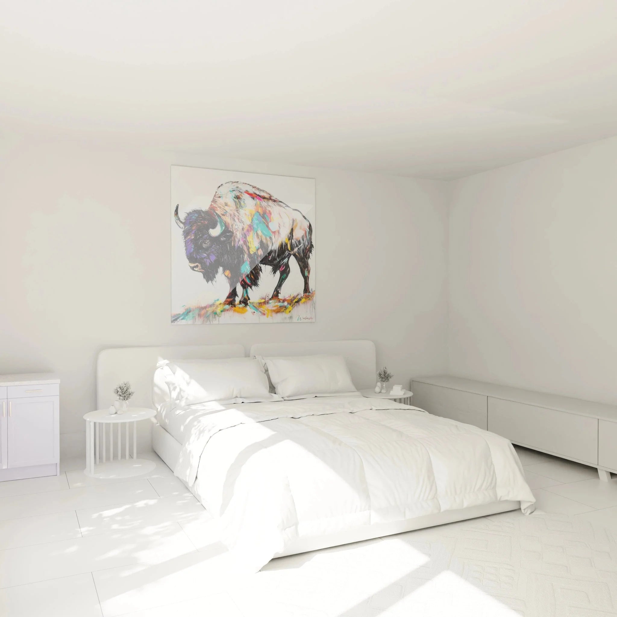 Wandbild Bison in Schlafzimmer Ambiente - Farbenfrohe Büffel Wandkunst als Raumdekoration
