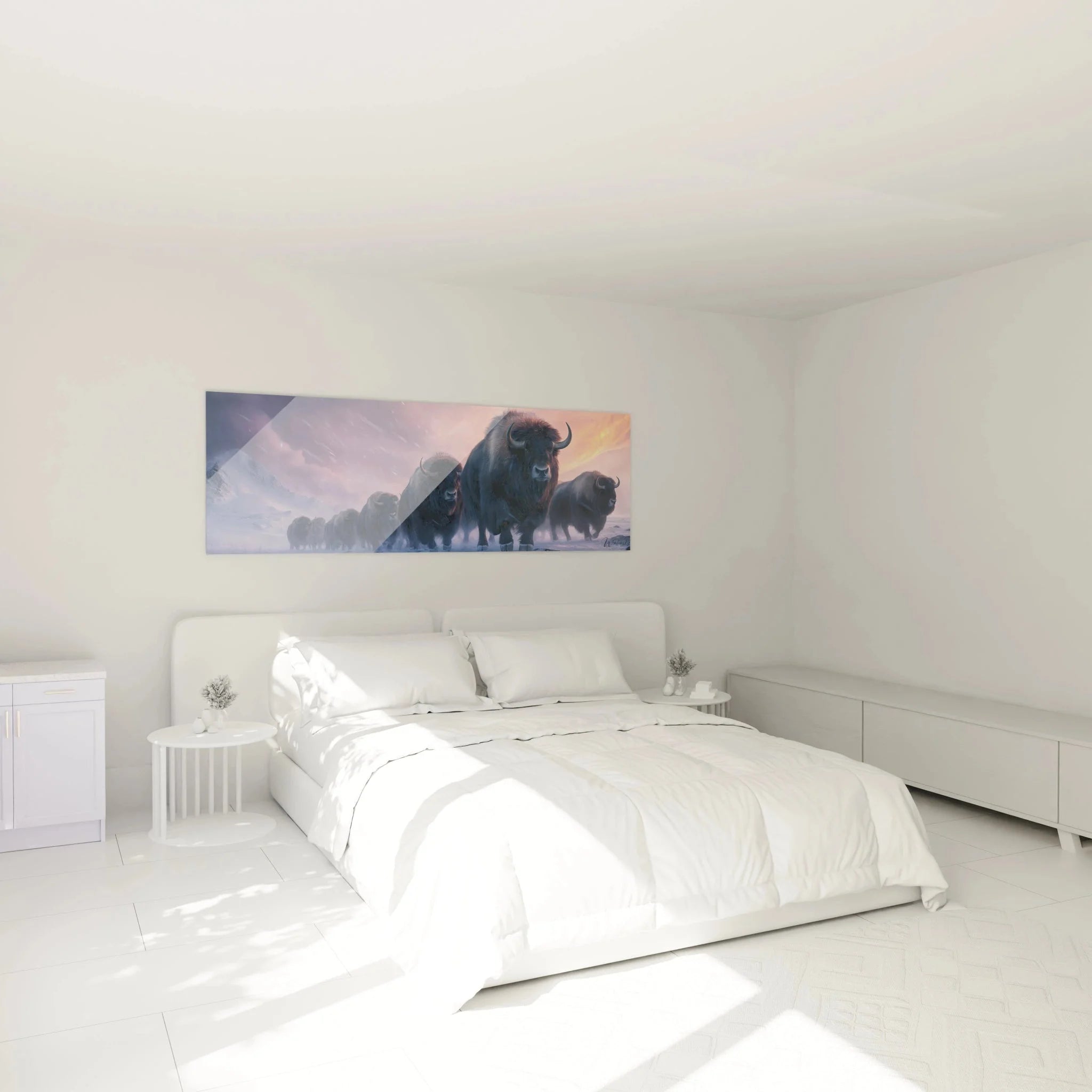 Wandbild Bisonherde als stilvolle Wanddekoration im modernen Schlafzimmer mit warmem Ambiente