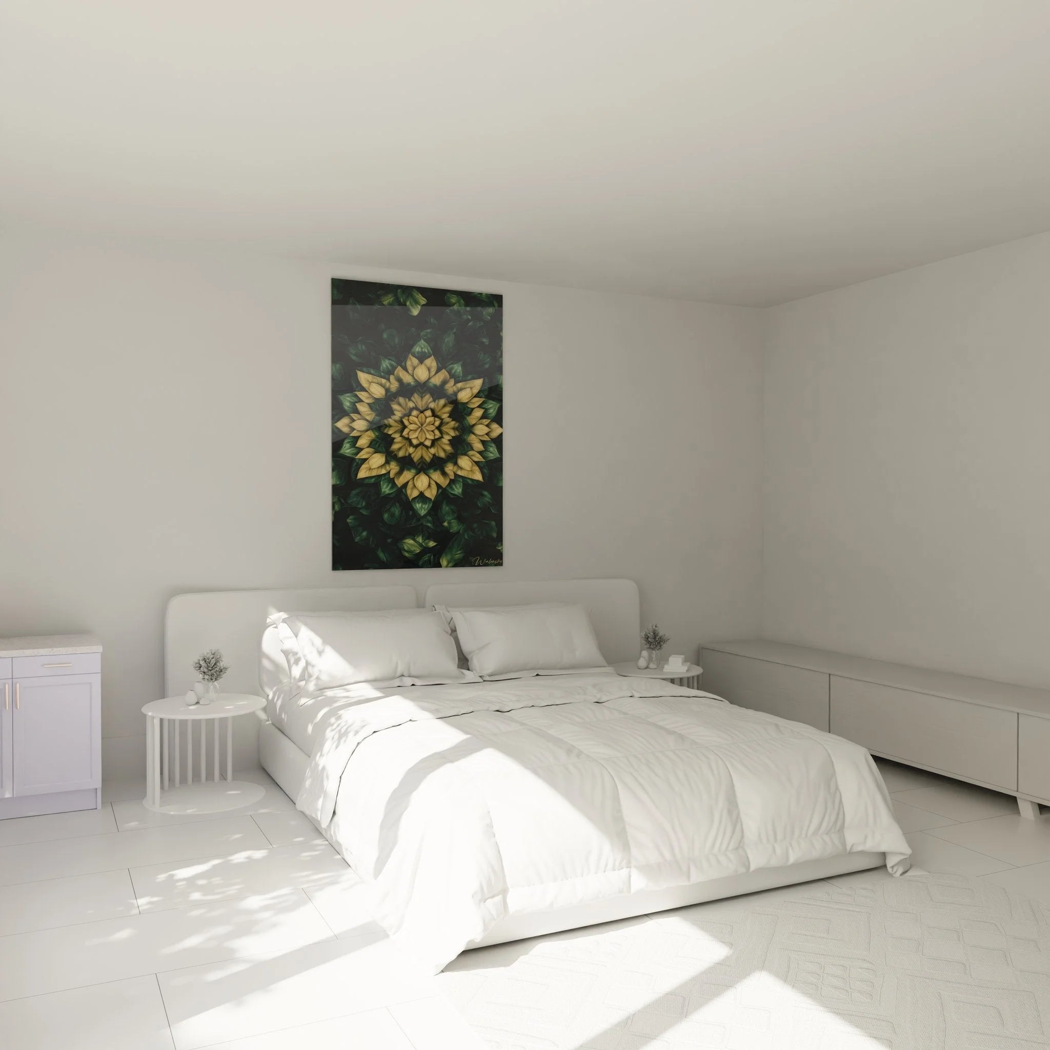 Wandbild Blätter Mandala in Schlafzimmer Ambiente warme Beleuchtung moderne Wanddekoration
