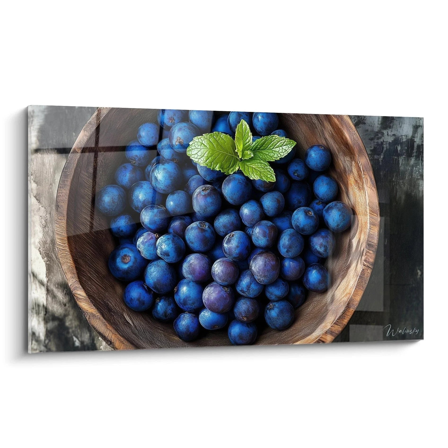 Wandbild Blaubeeren in rustikaler Holzschale mit Minzblatt - Edition Andere Früchte Küchendeko