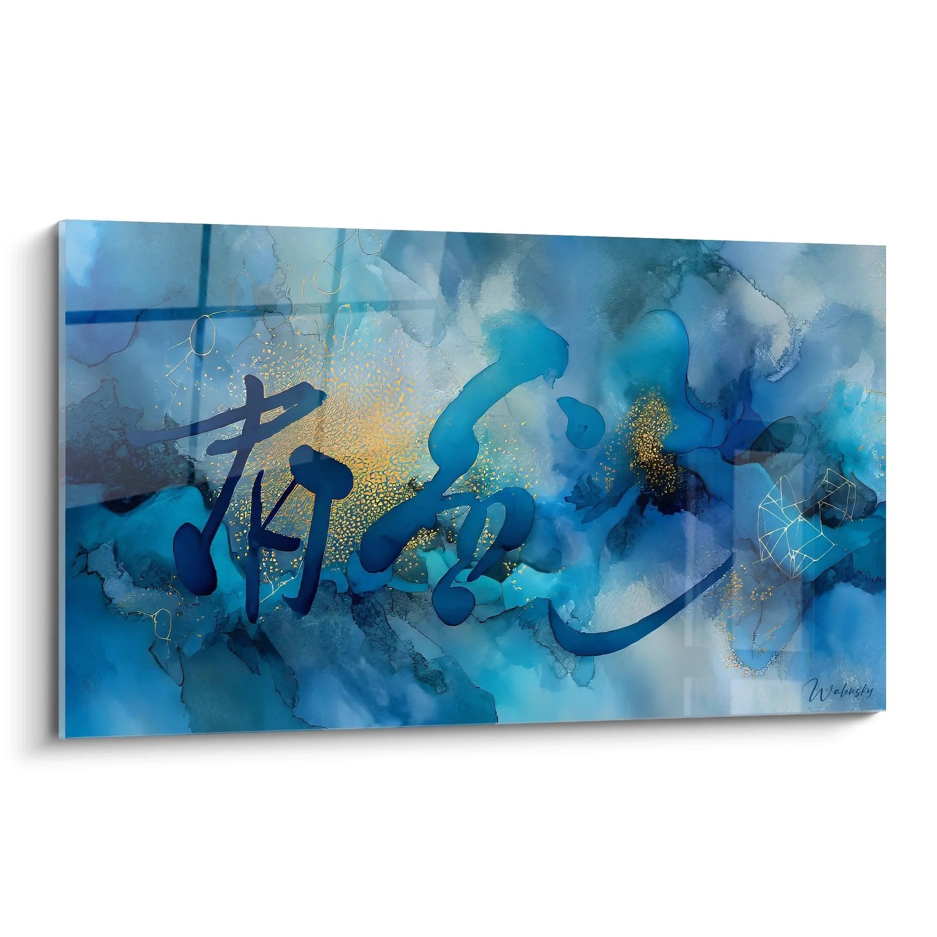 Wandbild blaue abstrakte Wasserlandschaft mit goldenen Akzenten und organischen Formen