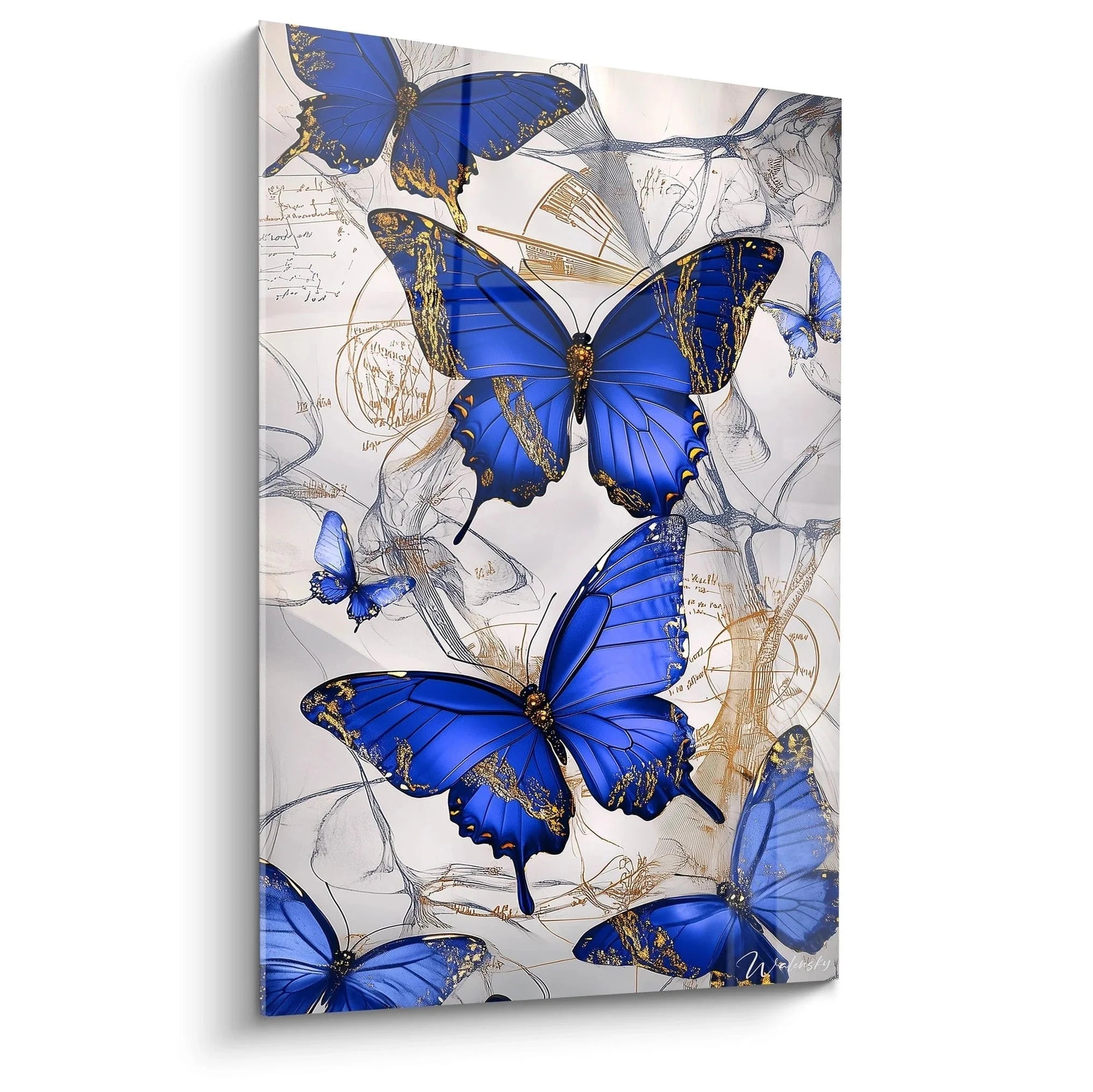 Wandbild blaue Schmetterlinge im Vintage-Stil mit botanischen Skizzen - Edition Schmetterling Kunstdruck
