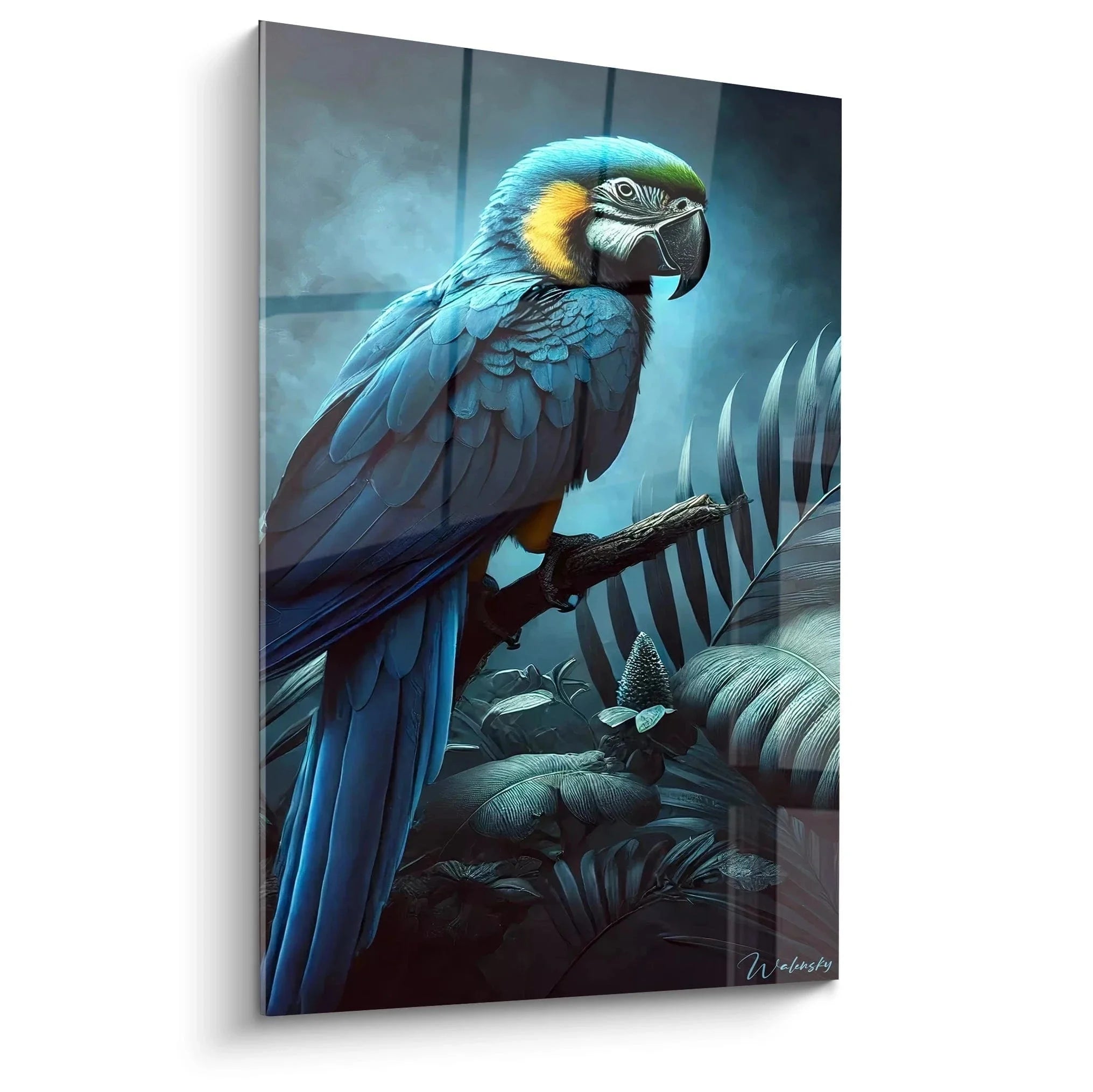 Wandbild Blauer Ara im Dschungel - tropisches Papagei Kunstwerk mit leuchtend blauen Federn