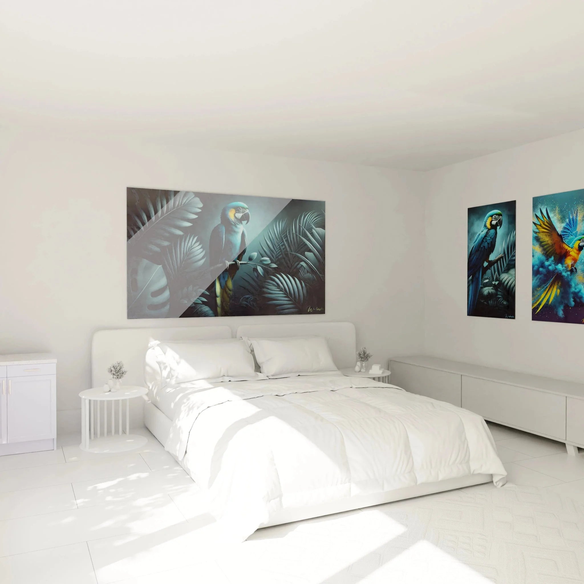 Wandbild Blauer Ara als stilvolle Schlafzimmer Dekoration in modernem Interieur