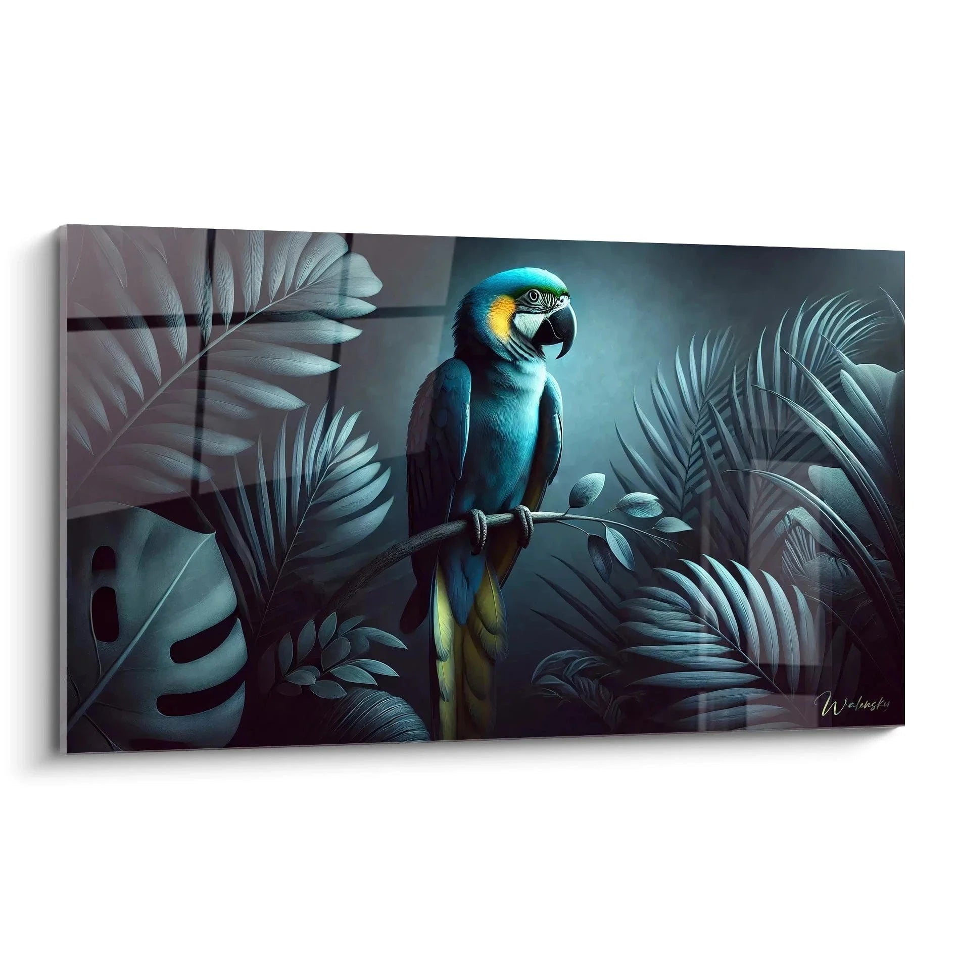 Wandbild Blauer Ara in tropischer Dschungellandschaft mit Monstera-Blättern und Palmwedeln