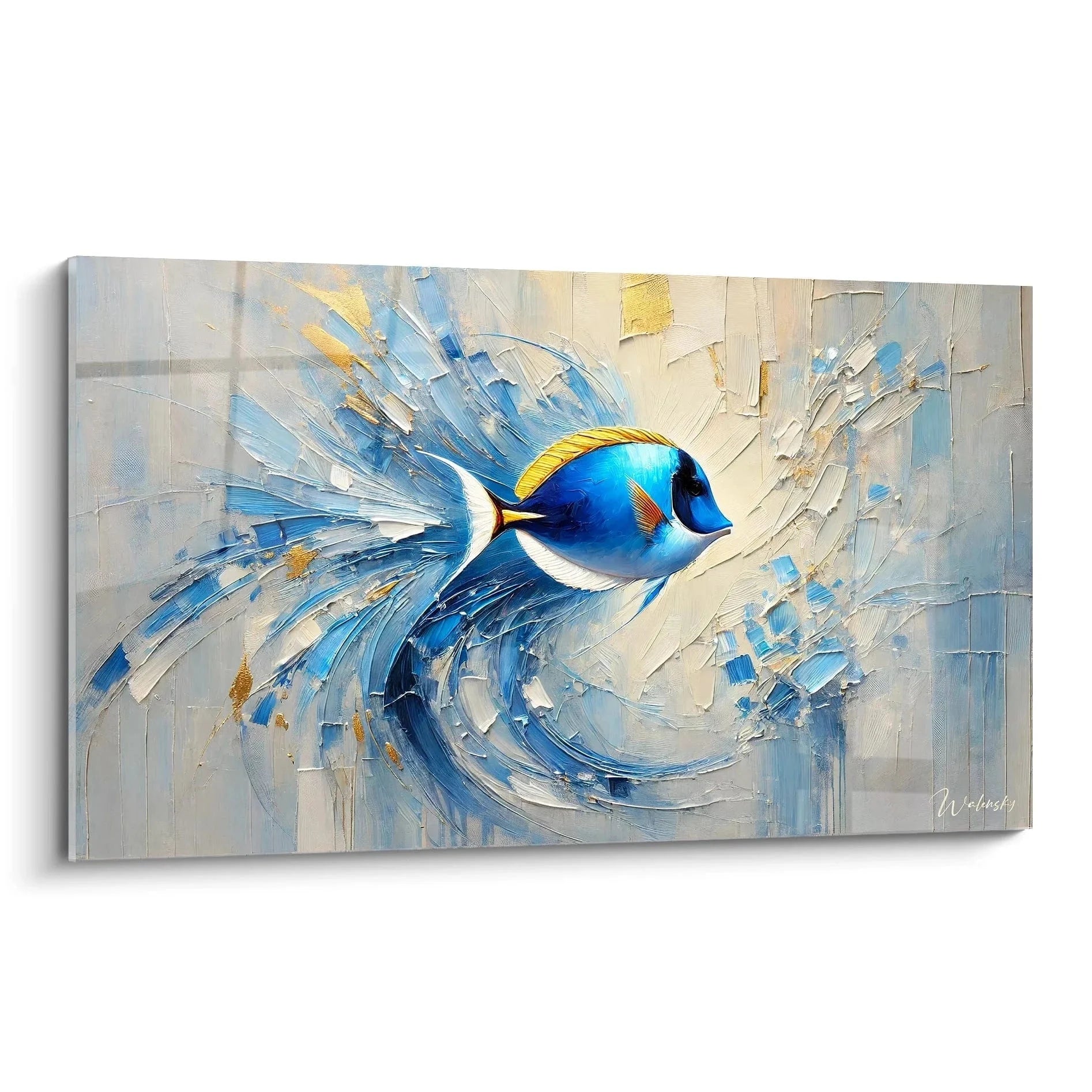 Wandbild blauer Fisch abstrakt mit dynamischen Pinselstrichen in Blau und Gold - Edition Fisch