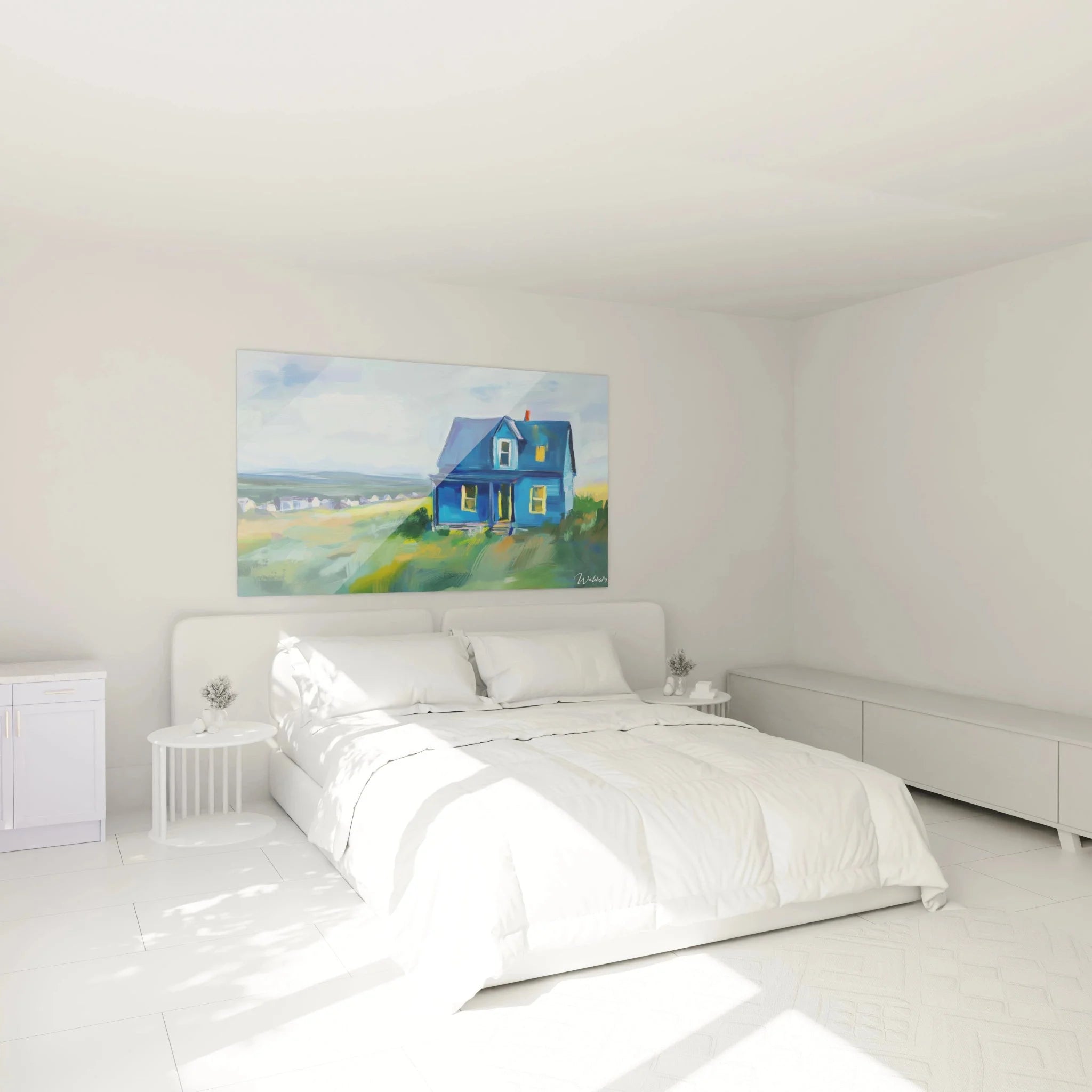 Wandbild Blaues Haus Marc Chagall in modernem Schlafzimmer - Ländliche Wanddekoration