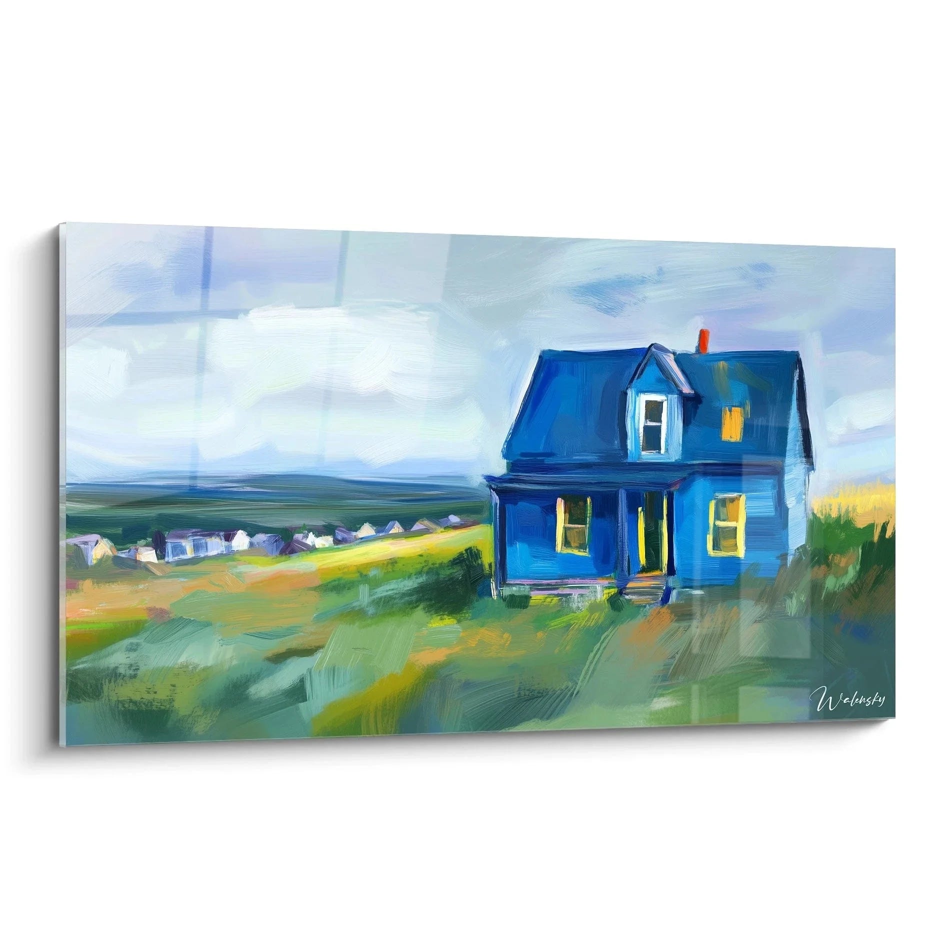 Wandbild Blaues Haus Marc Chagall - Ländliche Idylle mit blauem Landhaus auf grüner Anhöhe