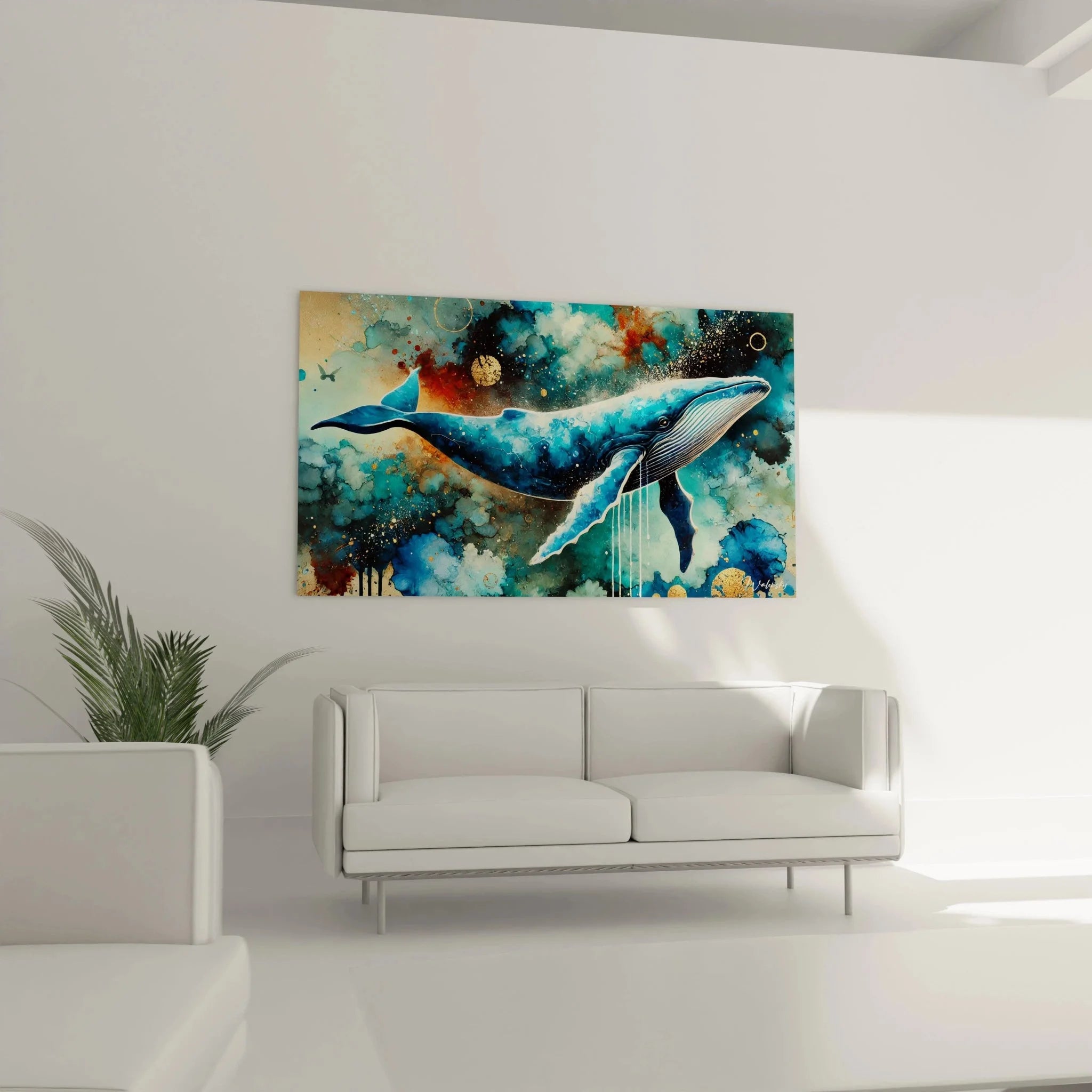 Detailansicht Wandbild Blauwal - kunstvolle Darstellung mit Sternenstaub und aquamarinen Farbtönen
