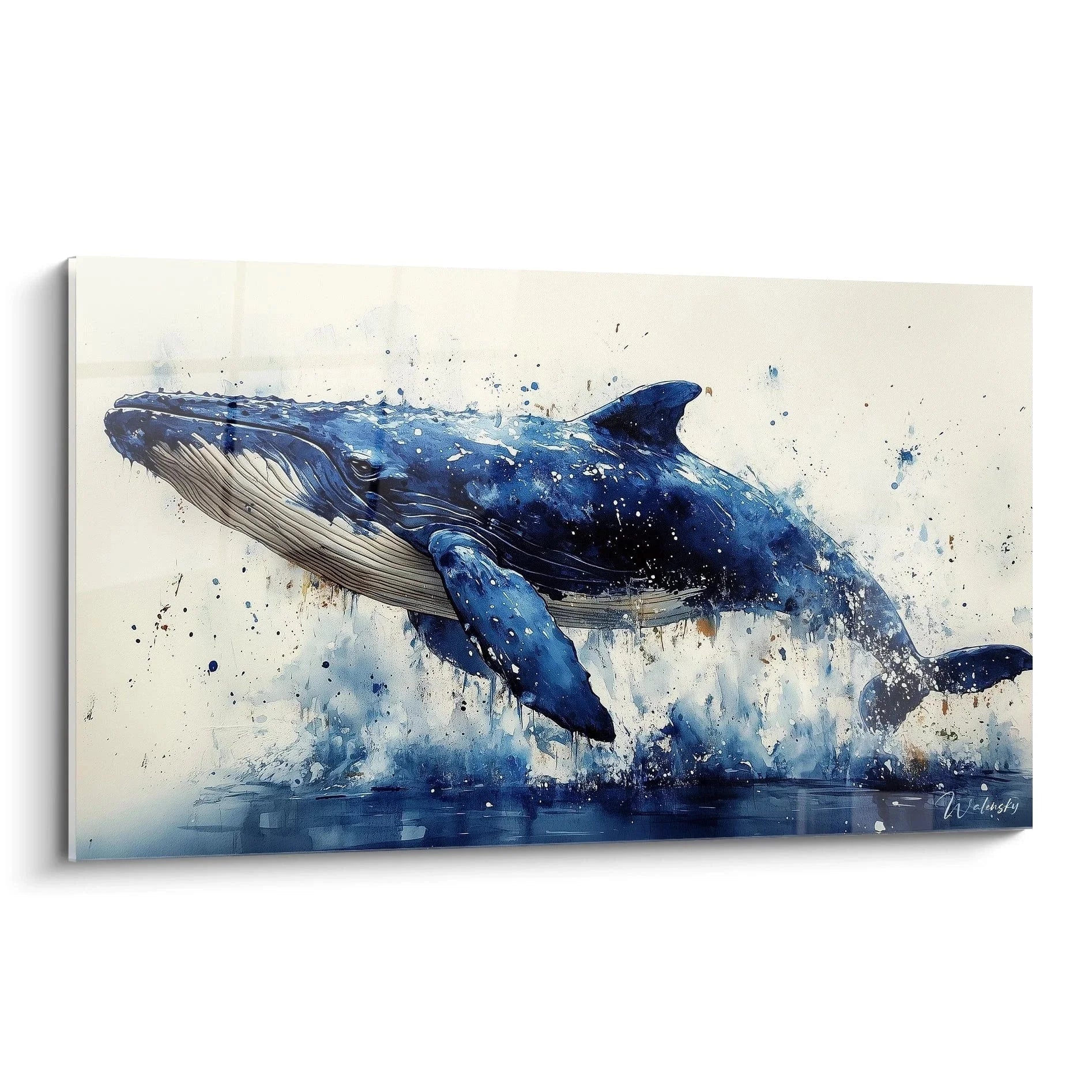 Wandbild Blauwal Sprung Aquarell in Blautönen mit Wasserspritzern auf hellem Hintergrund