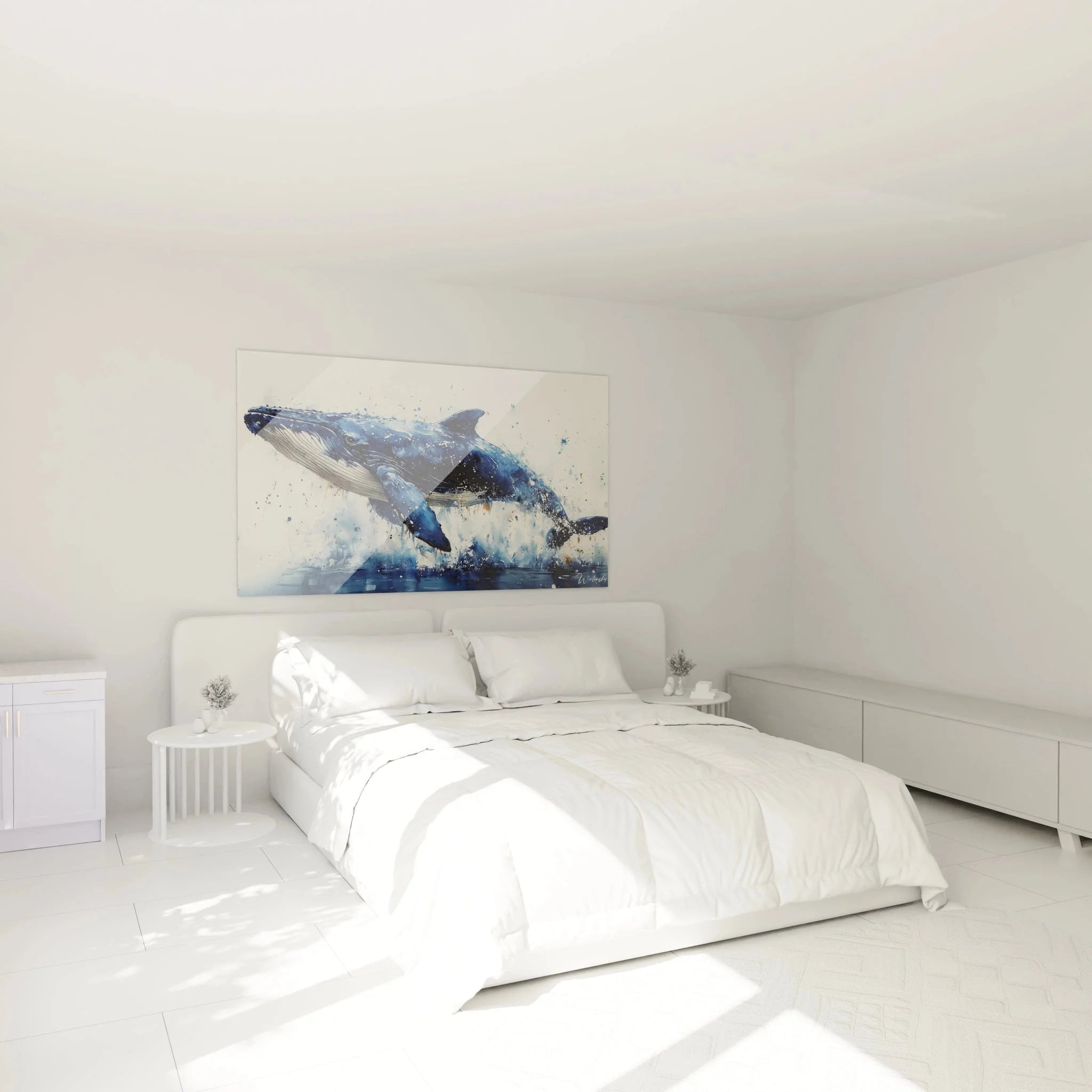 Wandbild Blauwal XXL in modernem Schlafzimmer als maritime Wanddekoration über dem Bett