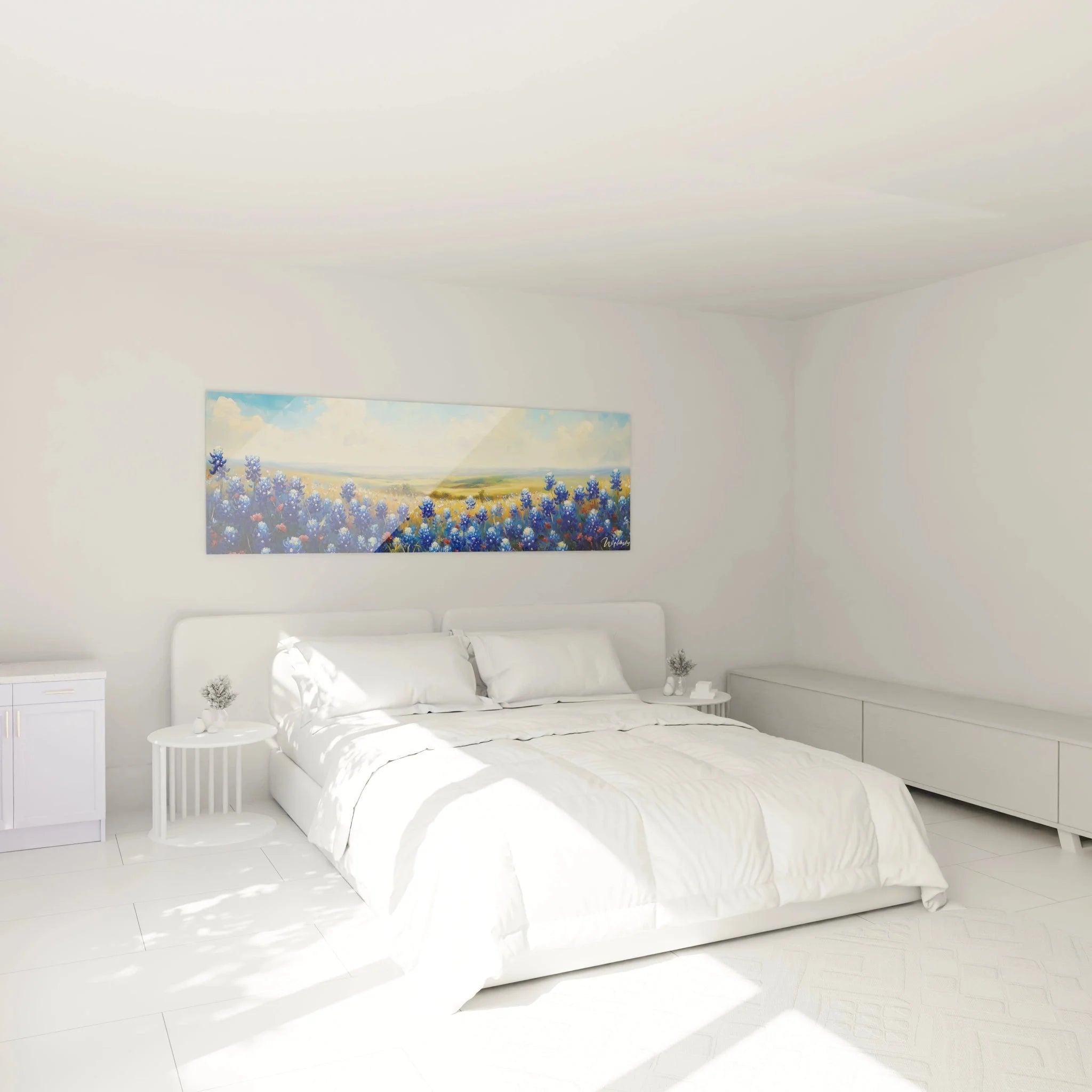 Wandbild Bluebonnets im Schlafzimmer als moderne Wanddekoration mit Wildblumen Motiv